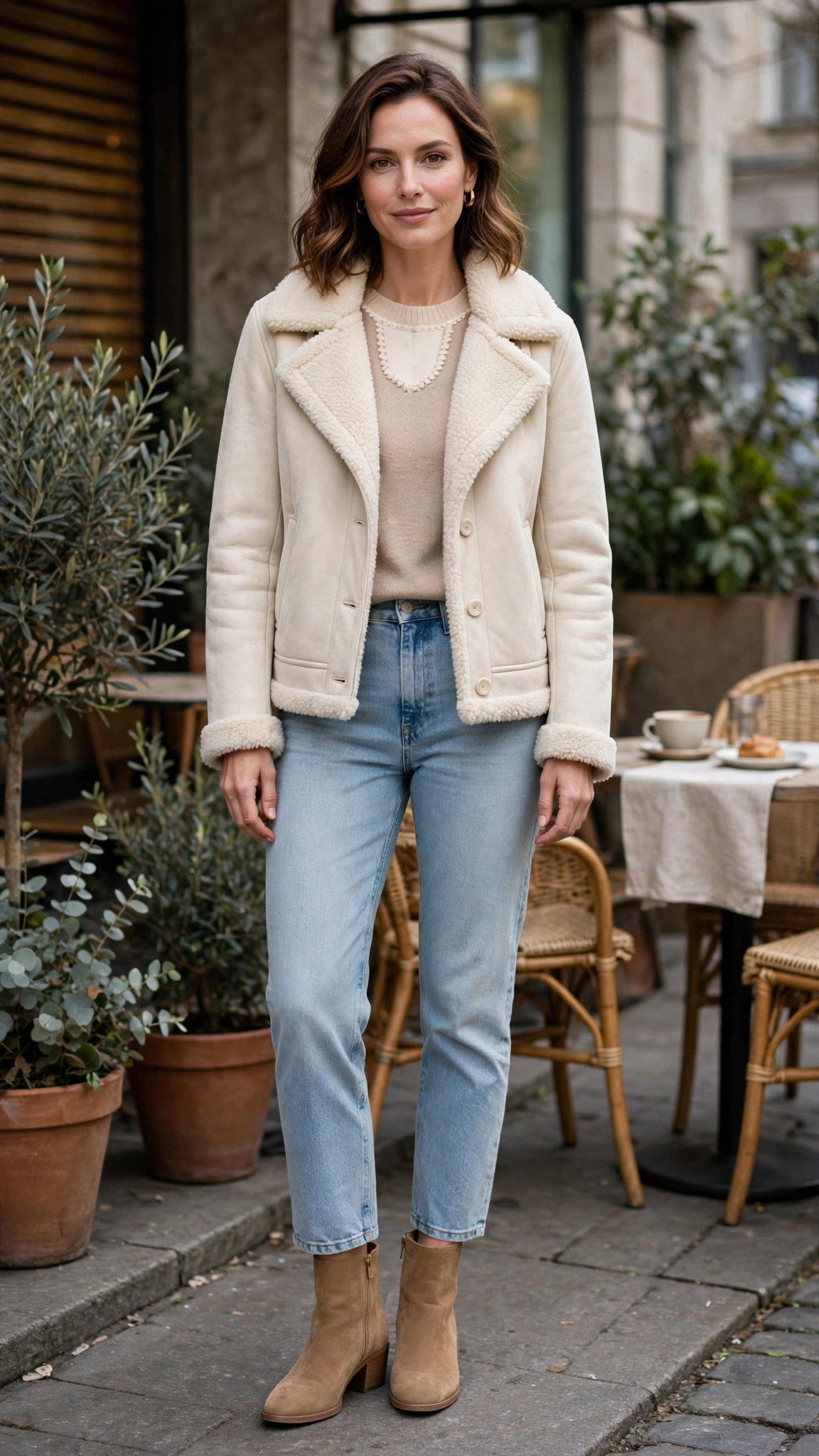 Cream Accent Cream Shearling Jacket with light jeans
