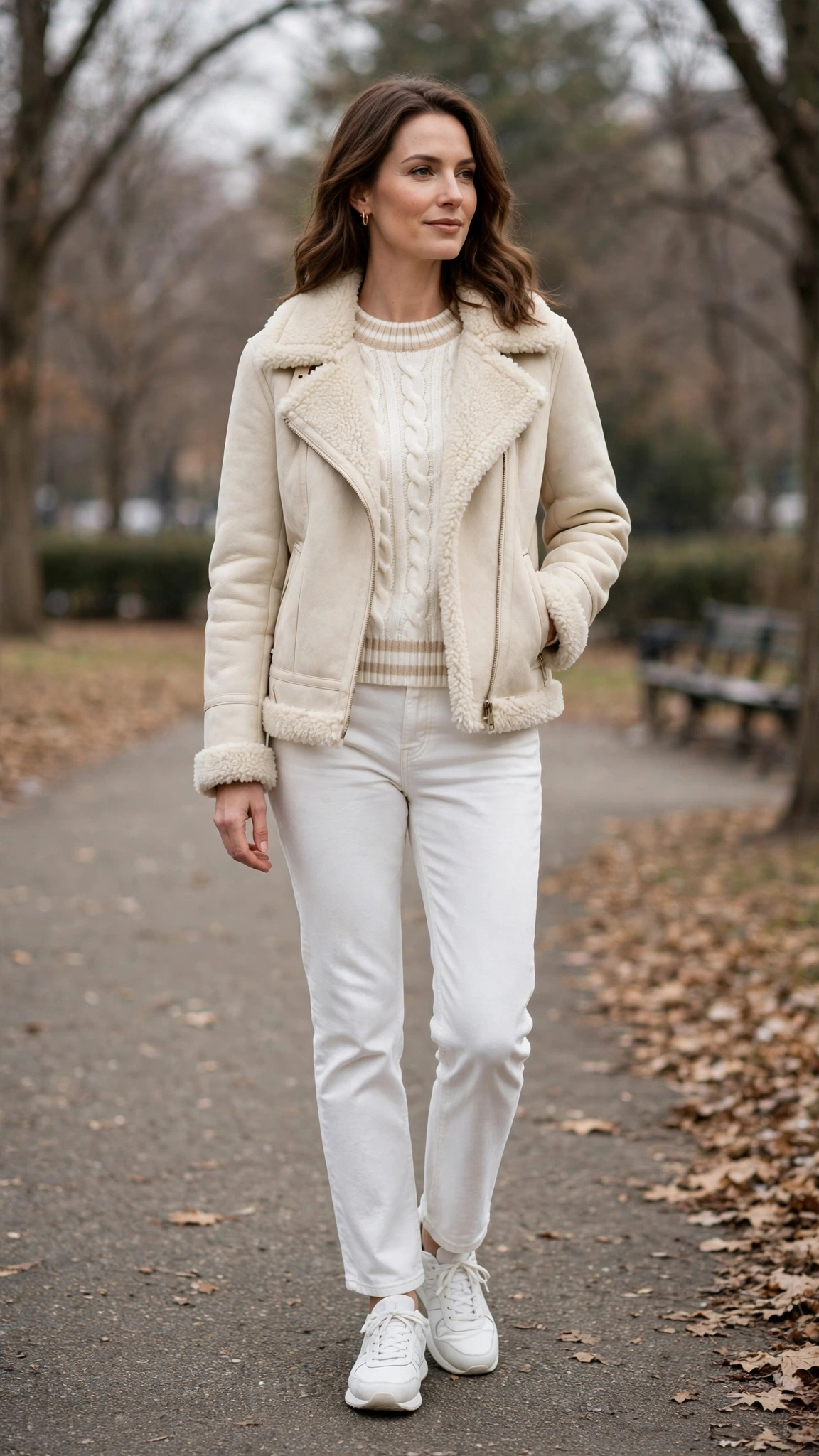 Cream Accent Cream Shearling Jacket with white jeans