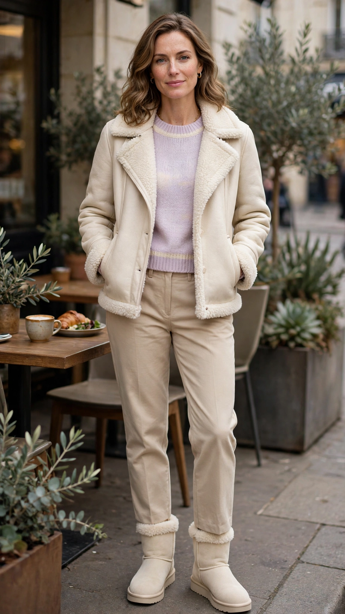 Cream Accent Cream Shearling Jacket with beige trousers