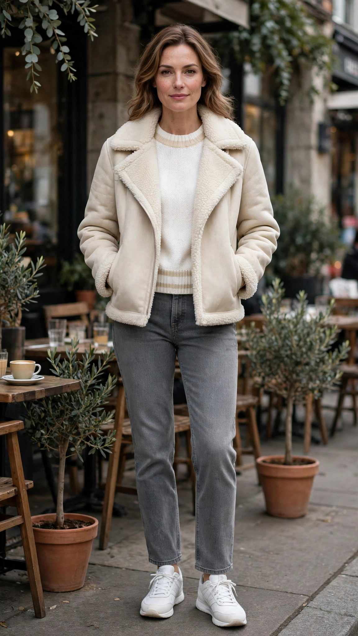 Cream Accent Cream Shearling Jacket with grey jeans