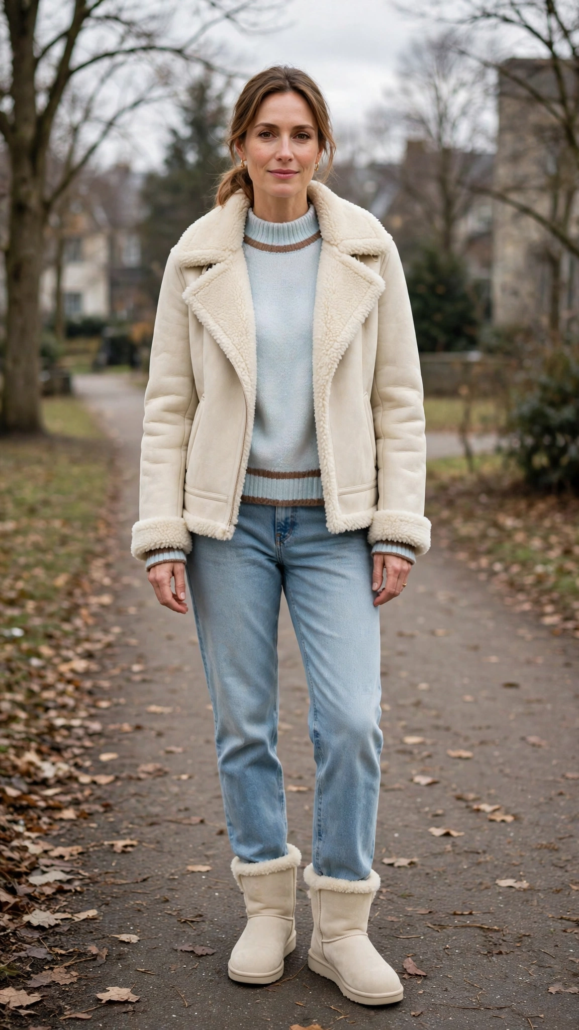 Brown Accent Cream Shearling Jacket with light jeans