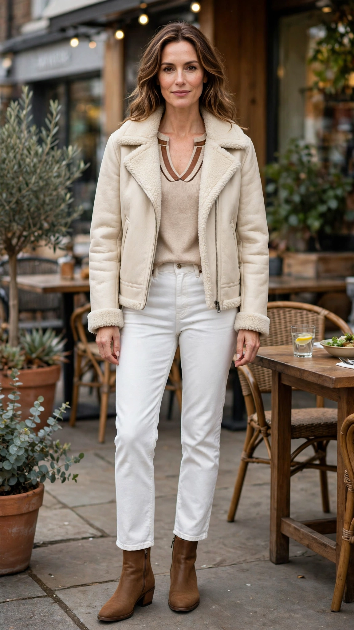 Brown Accent Cream Shearling Jacket with white jeans