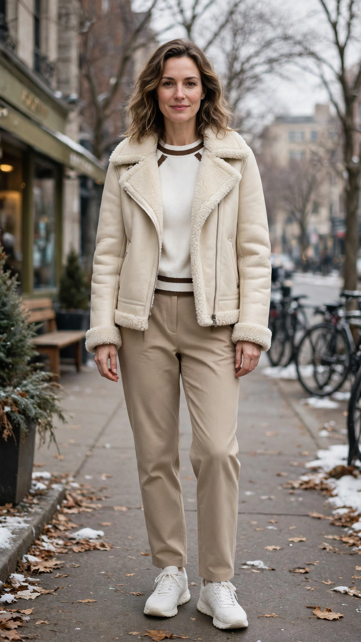 Brown Accent Cream Shearling Jacket with beige trousers