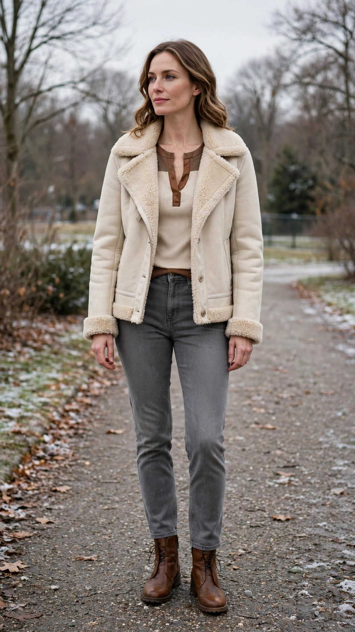 Brown Accent Cream Shearling Jacket with grey jeans
