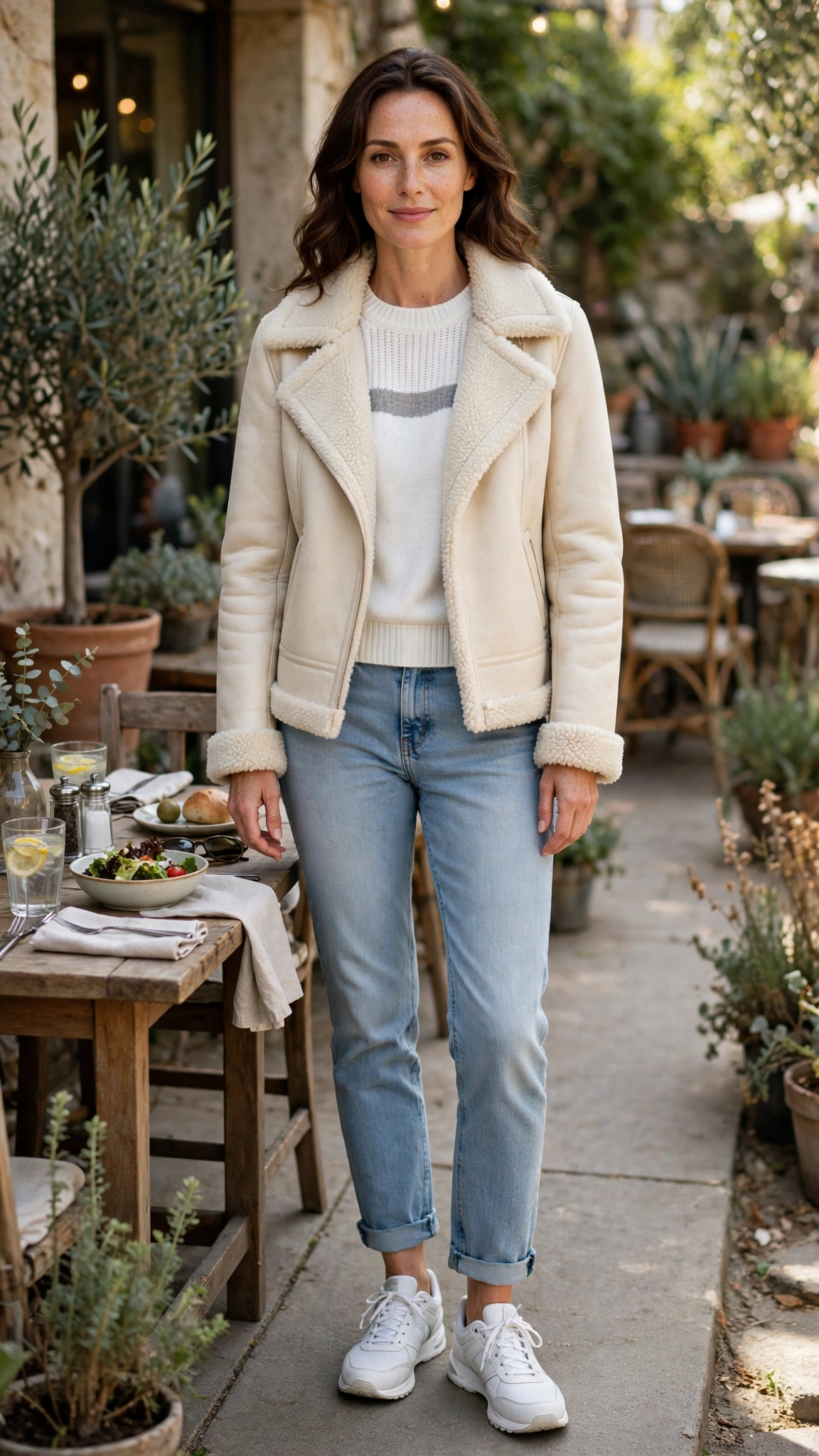 Grey Accent Cream Shearling Jacket with light jeans
