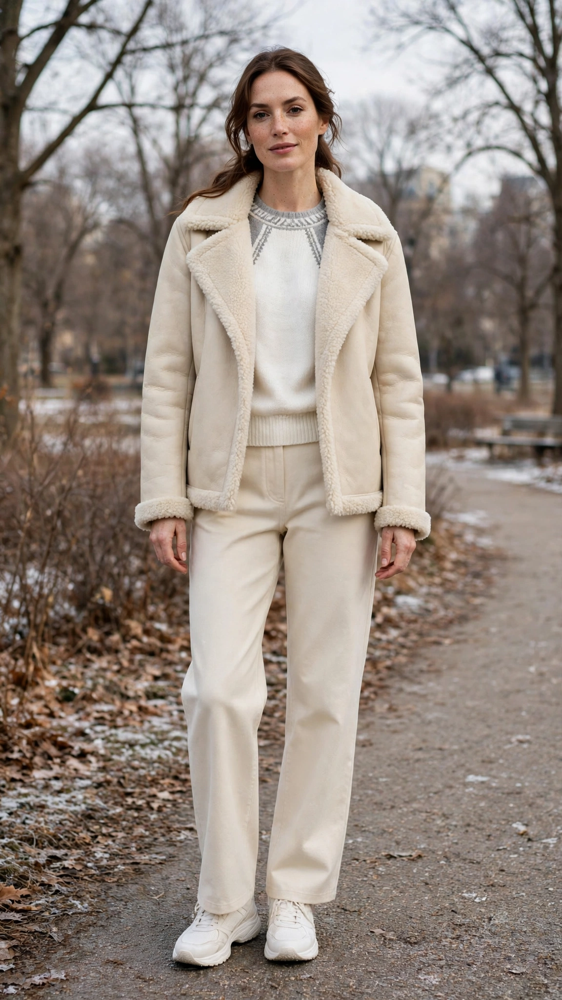 Grey Accent Cream Shearling Jacket with cream trousers