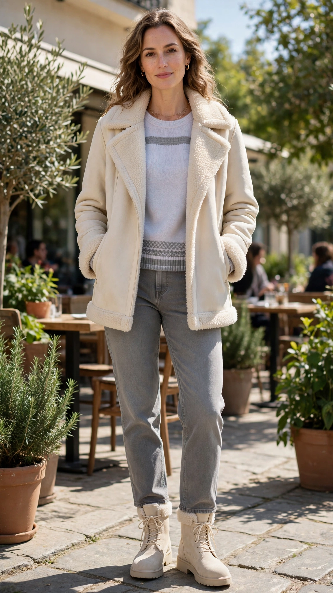 Grey Accent Cream Shearling Jacket with grey jeans