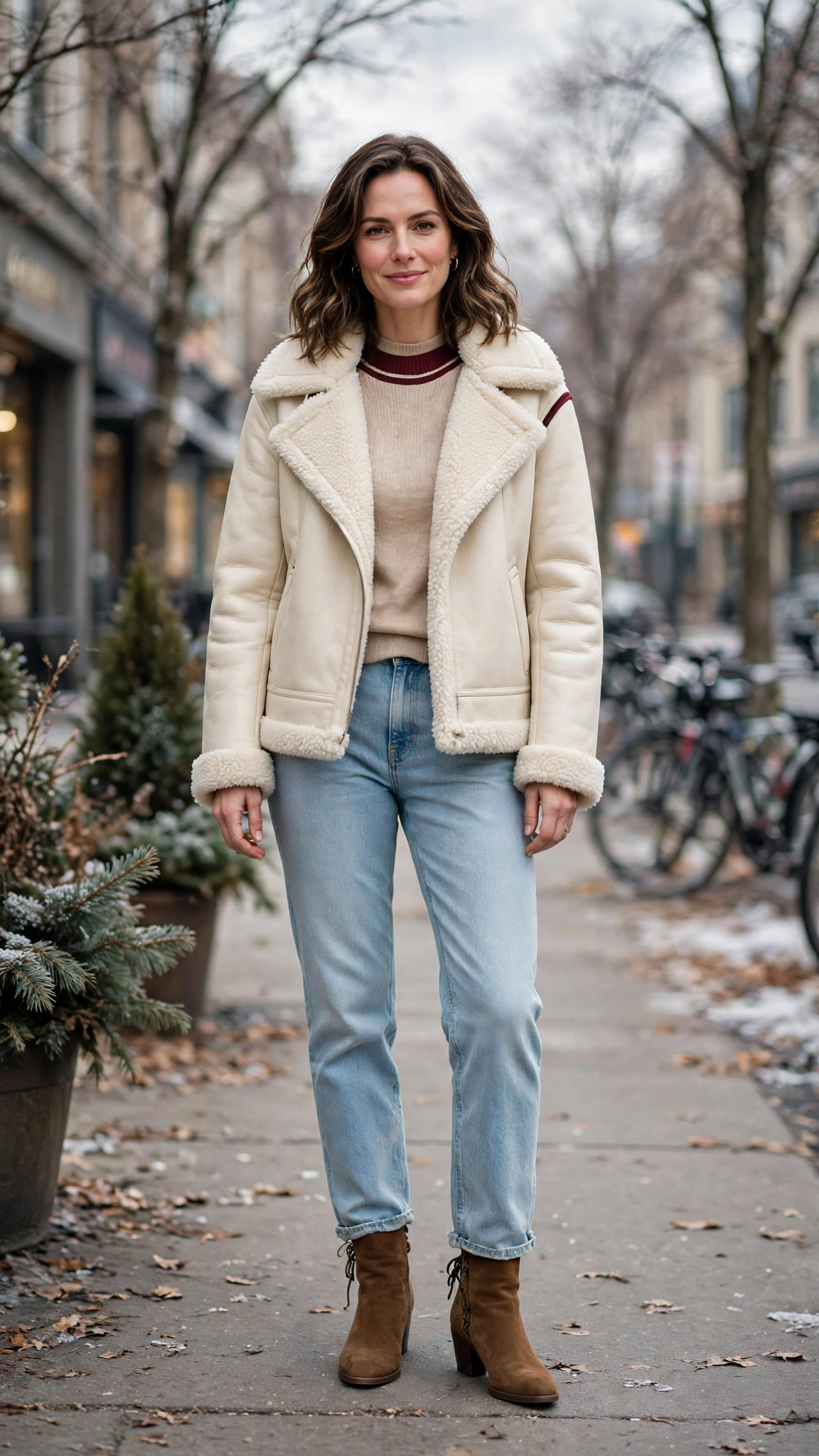 Burgundy Accent Cream Shearling Jacket with light jeans