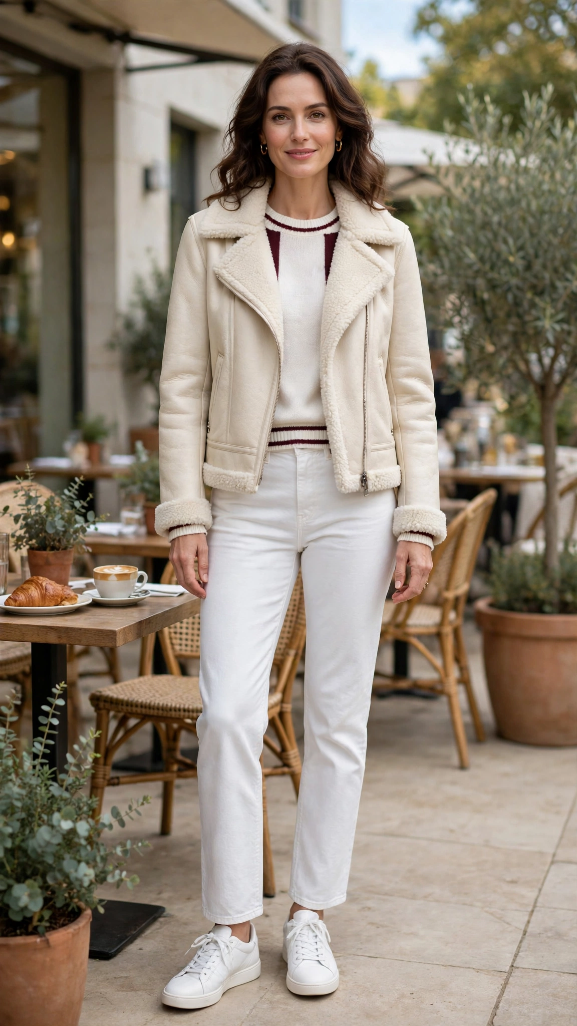 Burgundy Accent Cream Shearling Jacket with white jeans