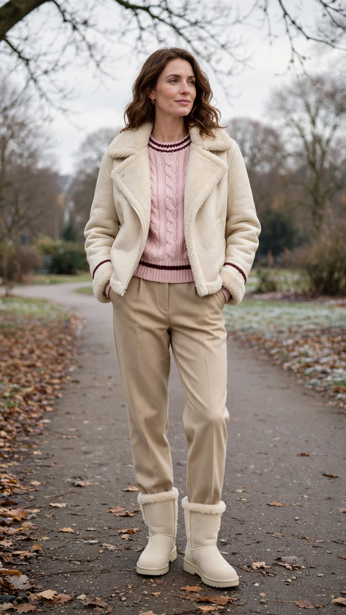 Burgundy Accent Cream Shearling Jacket with beige trousers