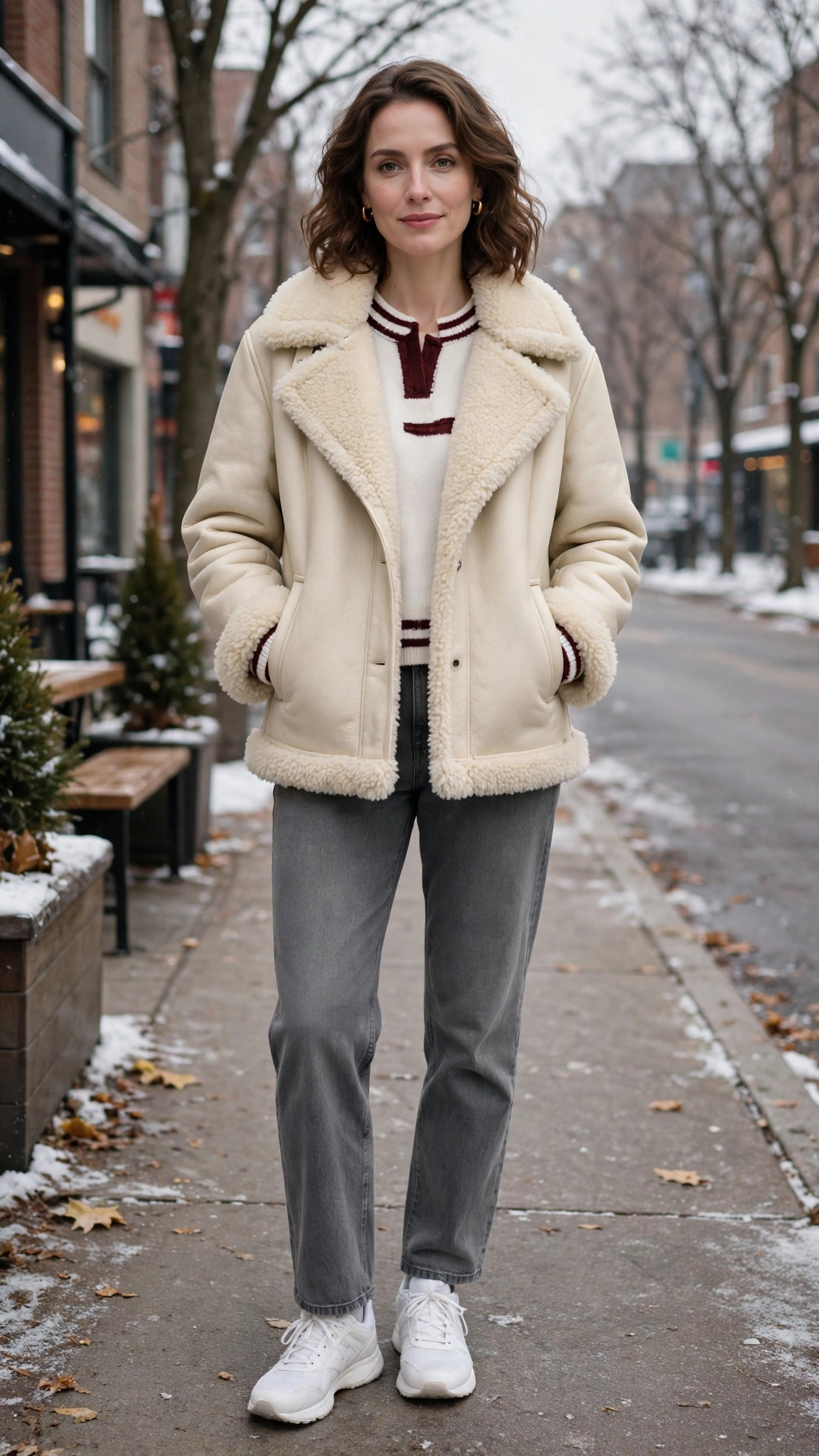 Burgundy Accent Cream Shearling Jacket with grey jeans