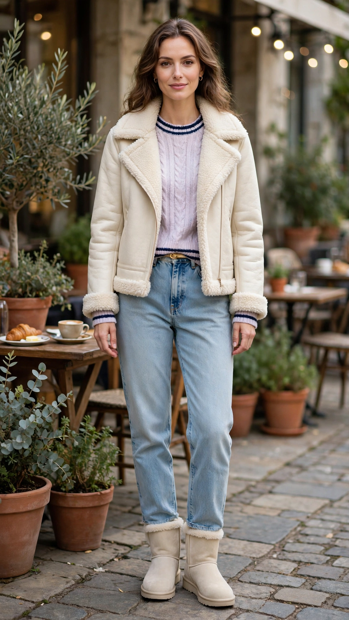 Navy Accent Cream Shearling Jacket with light jeans