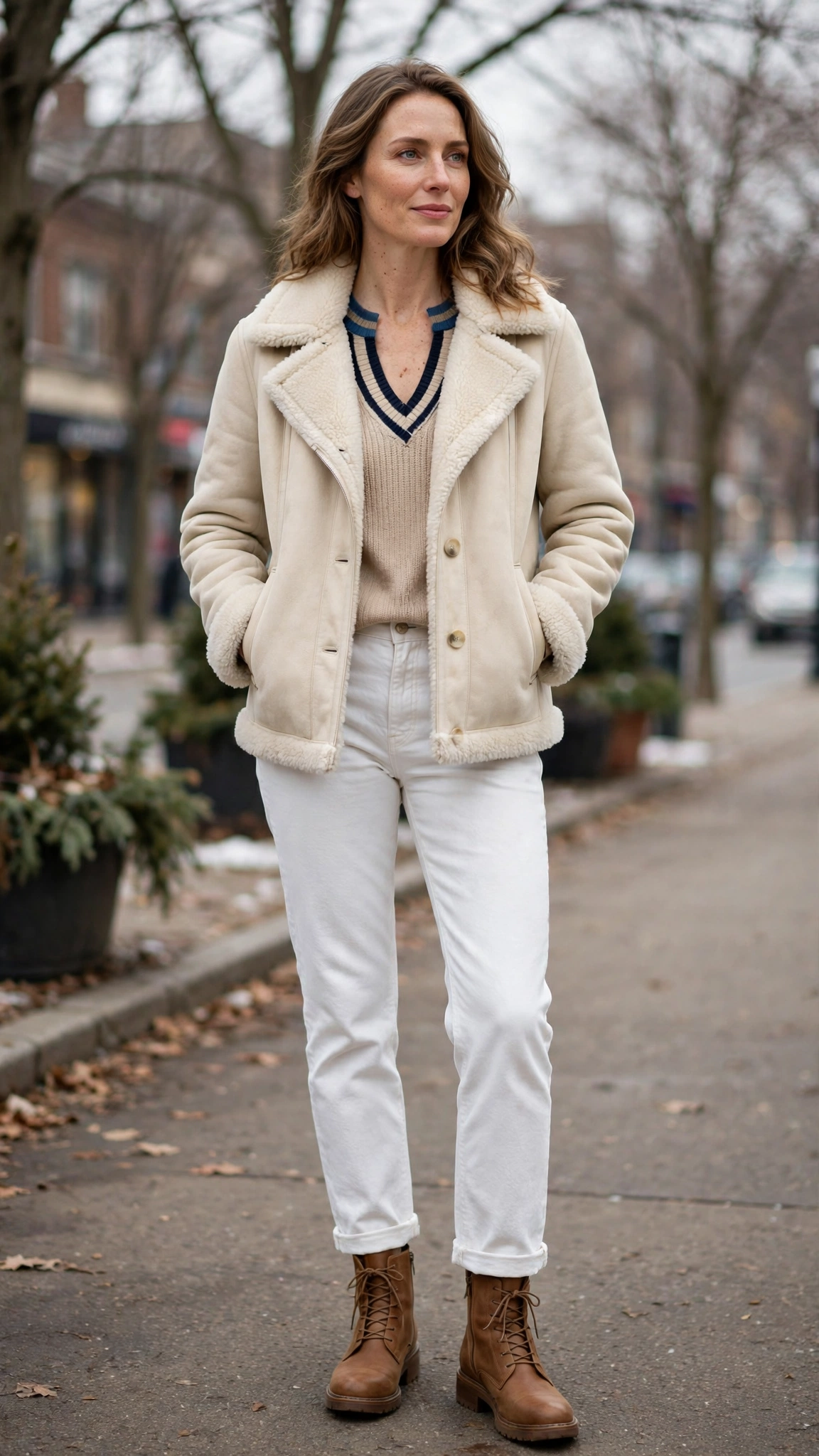 Navy Accent Cream Shearling Jacket with white jeans