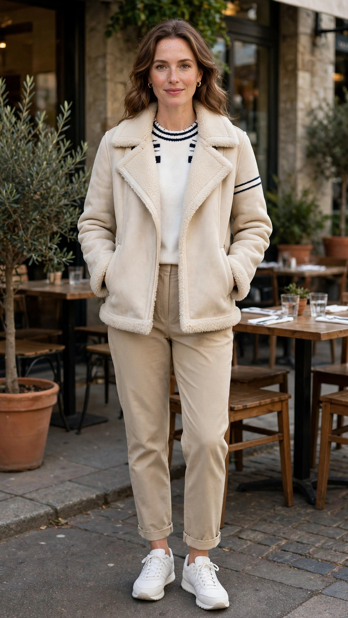 Navy Accent Cream Shearling Jacket with beige trousers