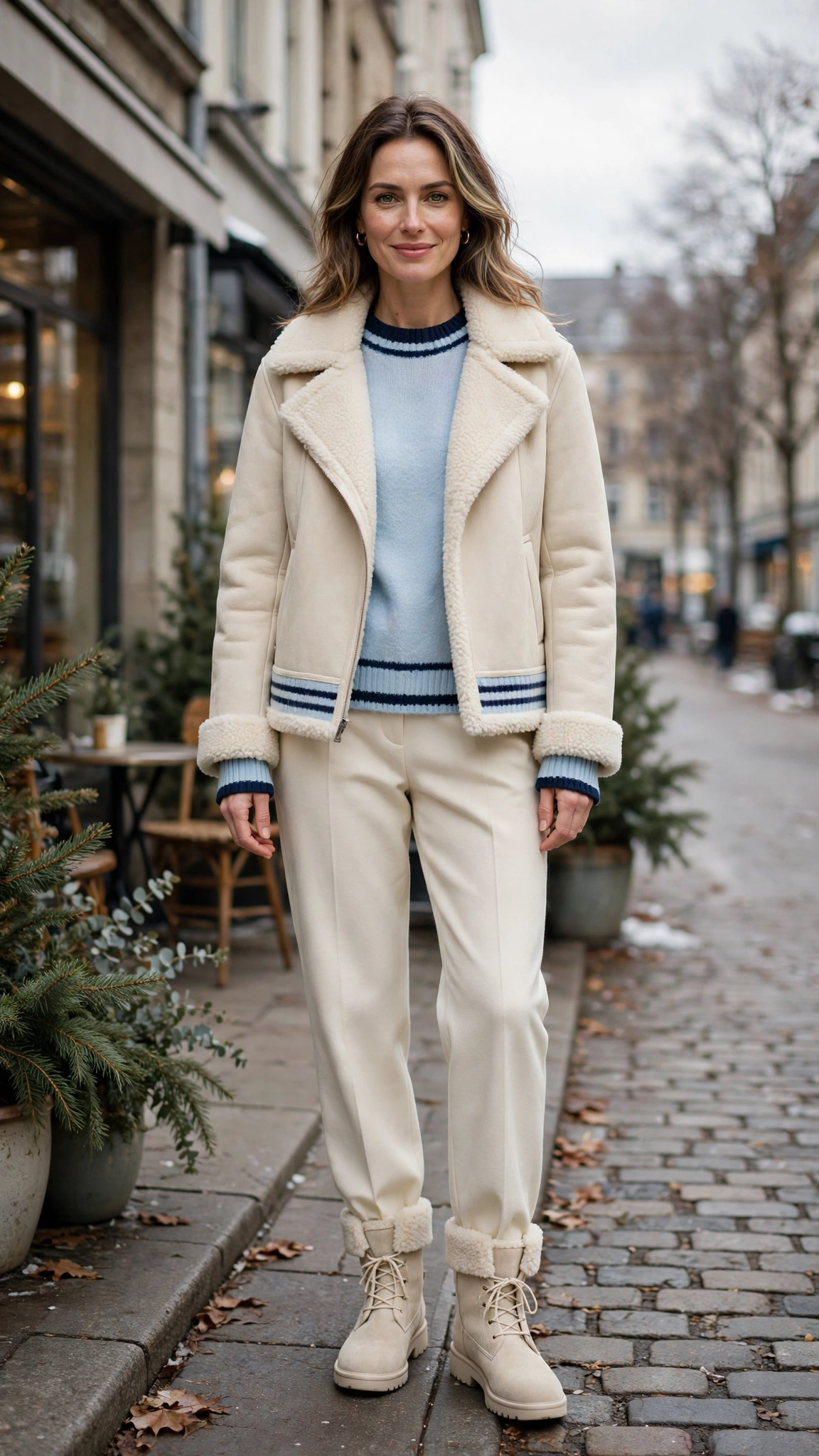 Navy Accent Cream Shearling Jacket with cream trousers