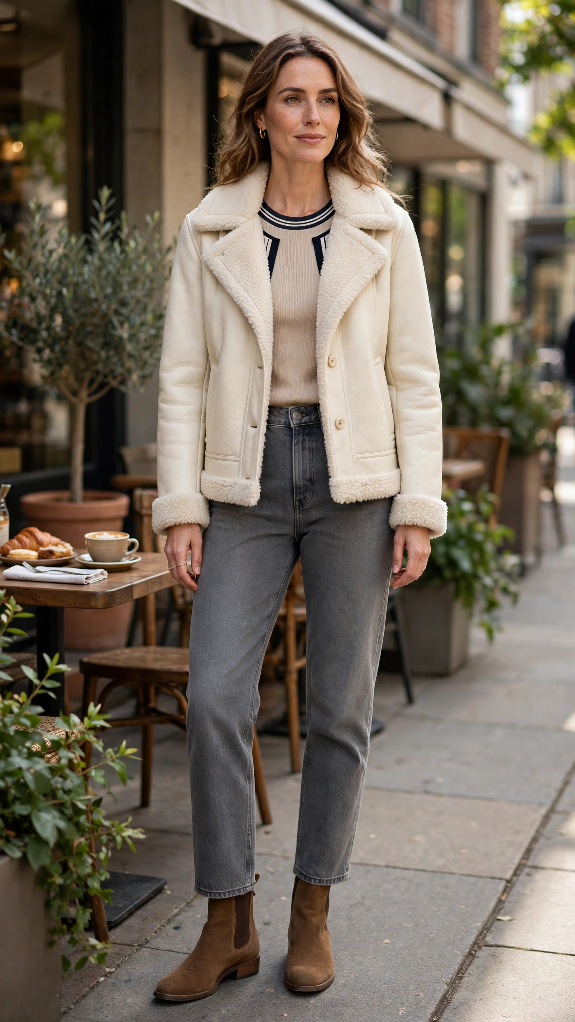 Navy Accent Cream Shearling Jacket with grey jeans
