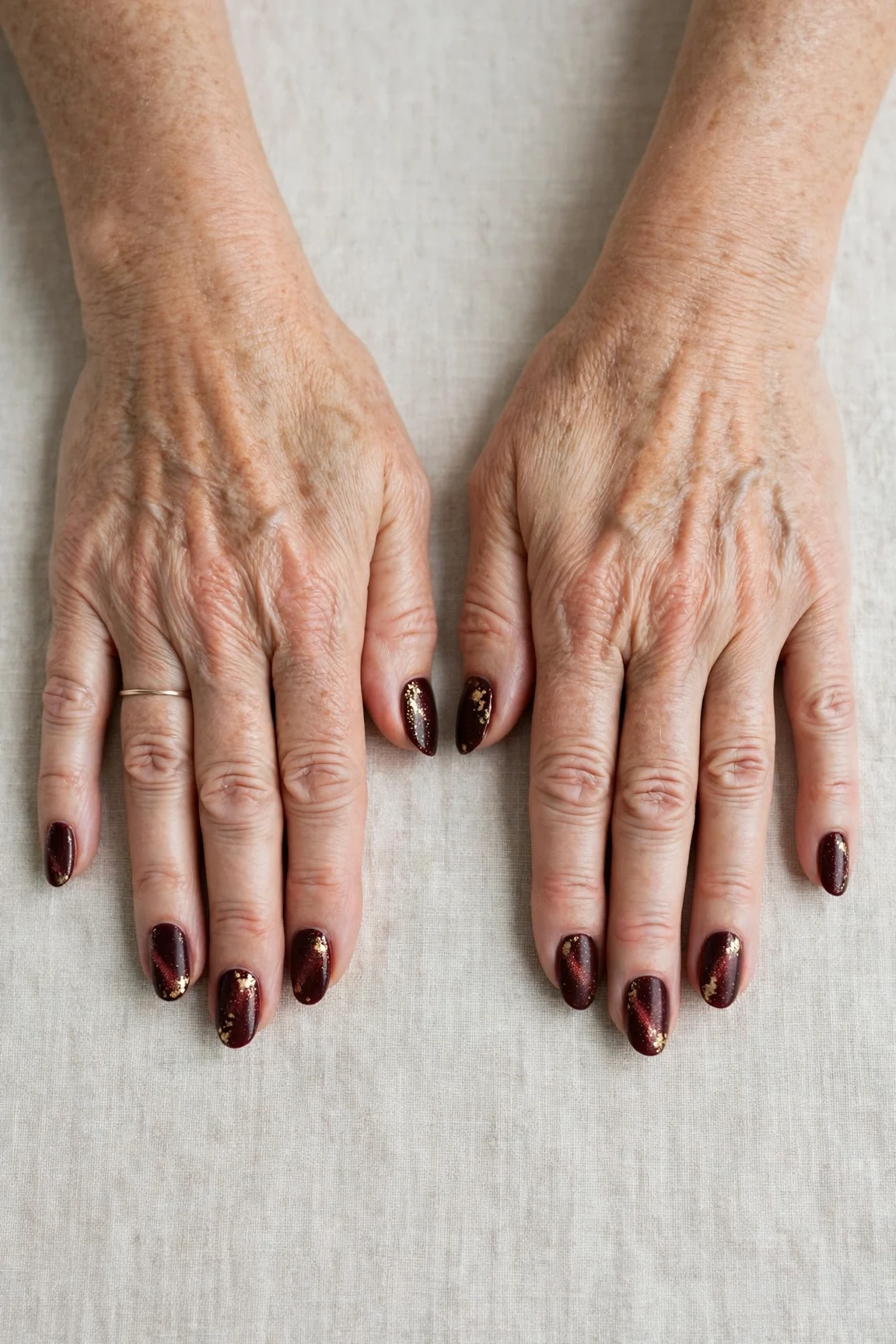 Dark Cherry Velvet Almond Nails with a frosted shimmer finish and gold foil accents