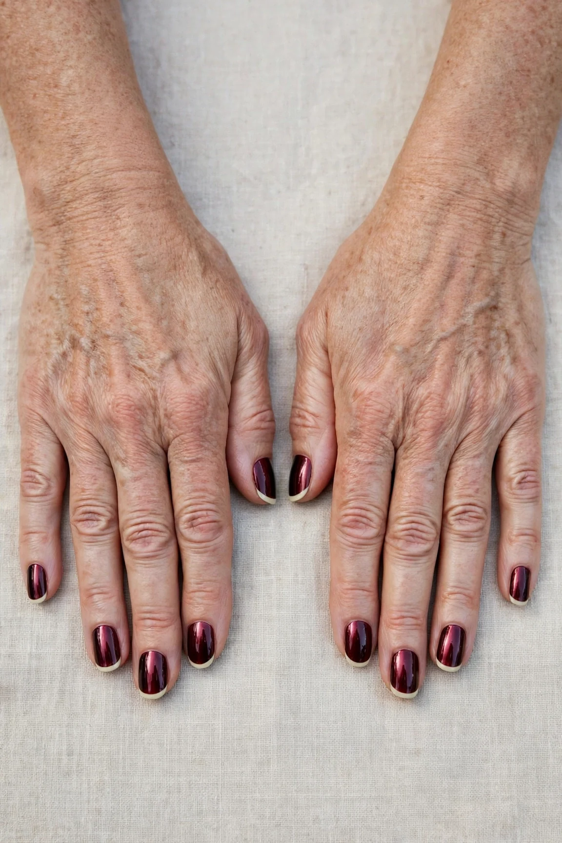 Dark Cherry Velvet French Tip Nails with a chrome shine and classic cream French tips