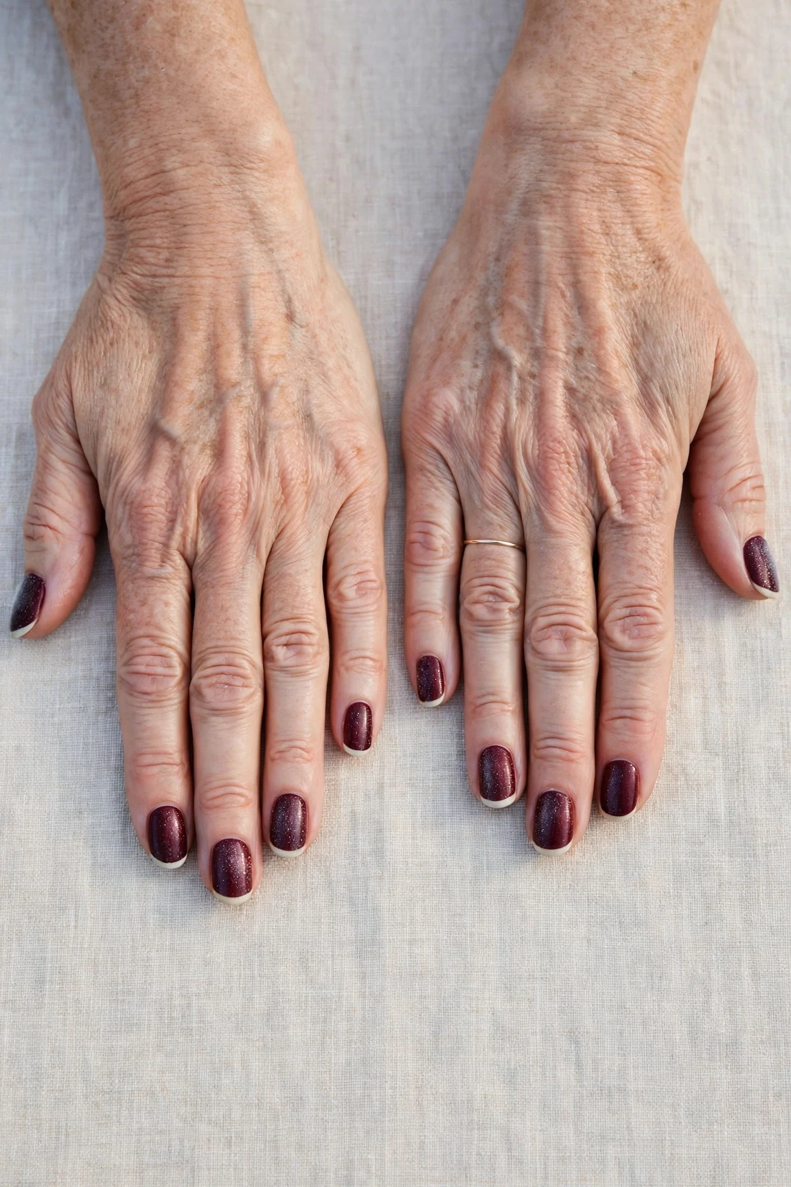 Dark Cherry Velvet French Tip Nails with a frosted shimmer finish and classic cream French tips