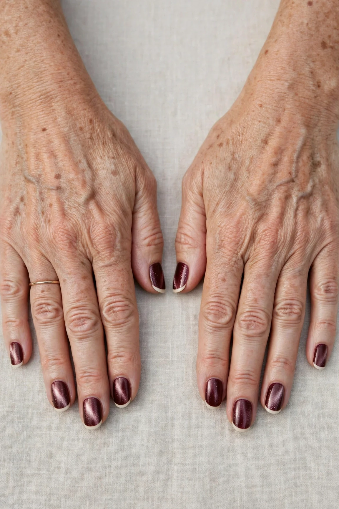 Dark Cherry Velvet French Tip Nails with a pearl shimmer finish and classic cream French tips