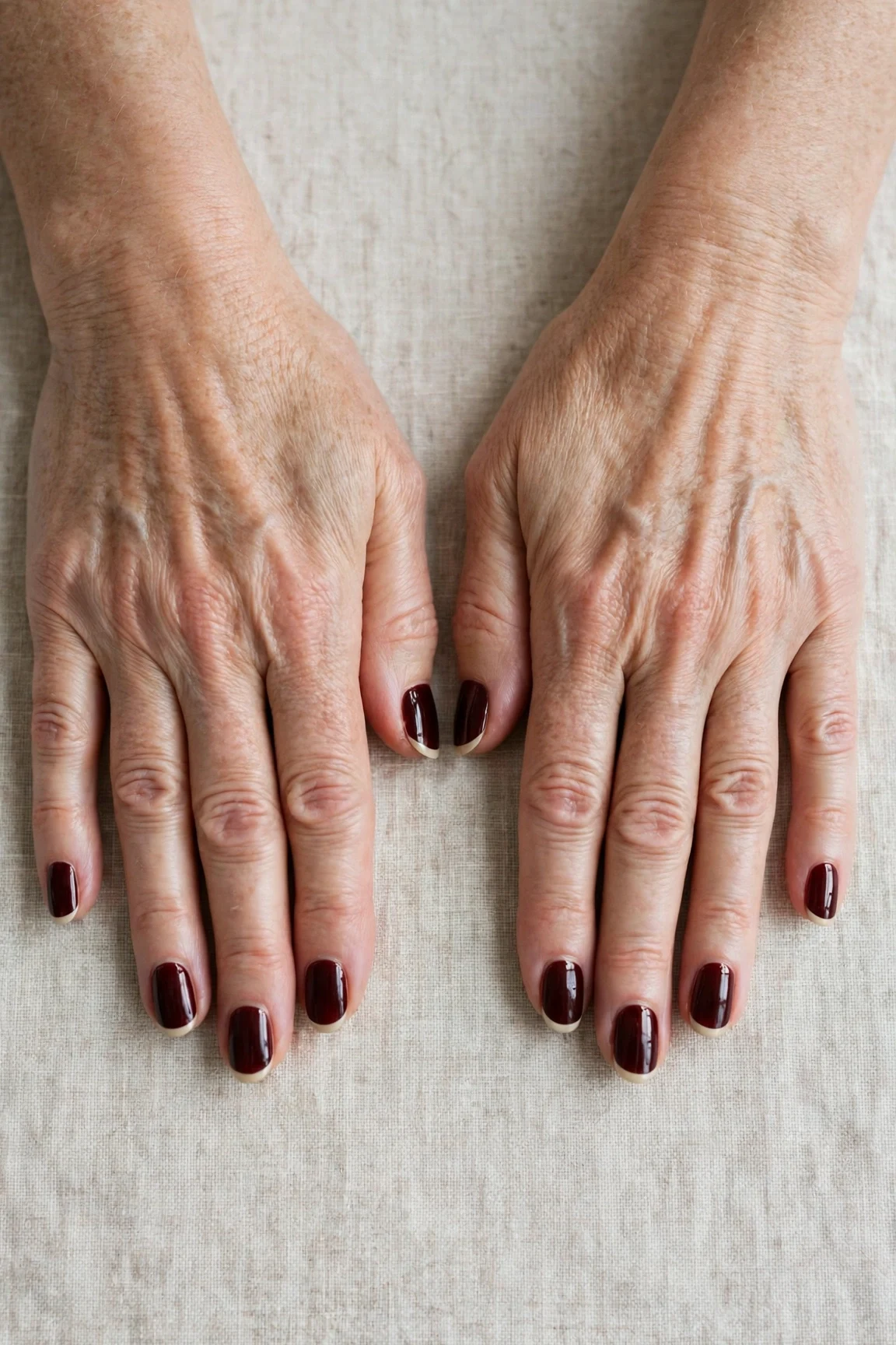 Dark Cherry Velvet French Tip Nails with a glassy gel finish and classic cream French tips