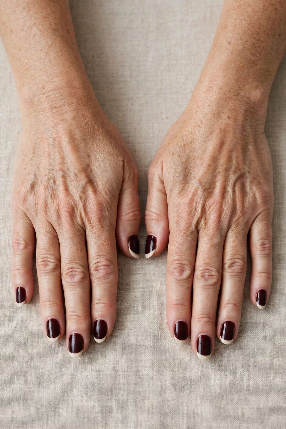 Dark Cherry Velvet French Tip Nails with a creamy opaque finish and classic cream French tips