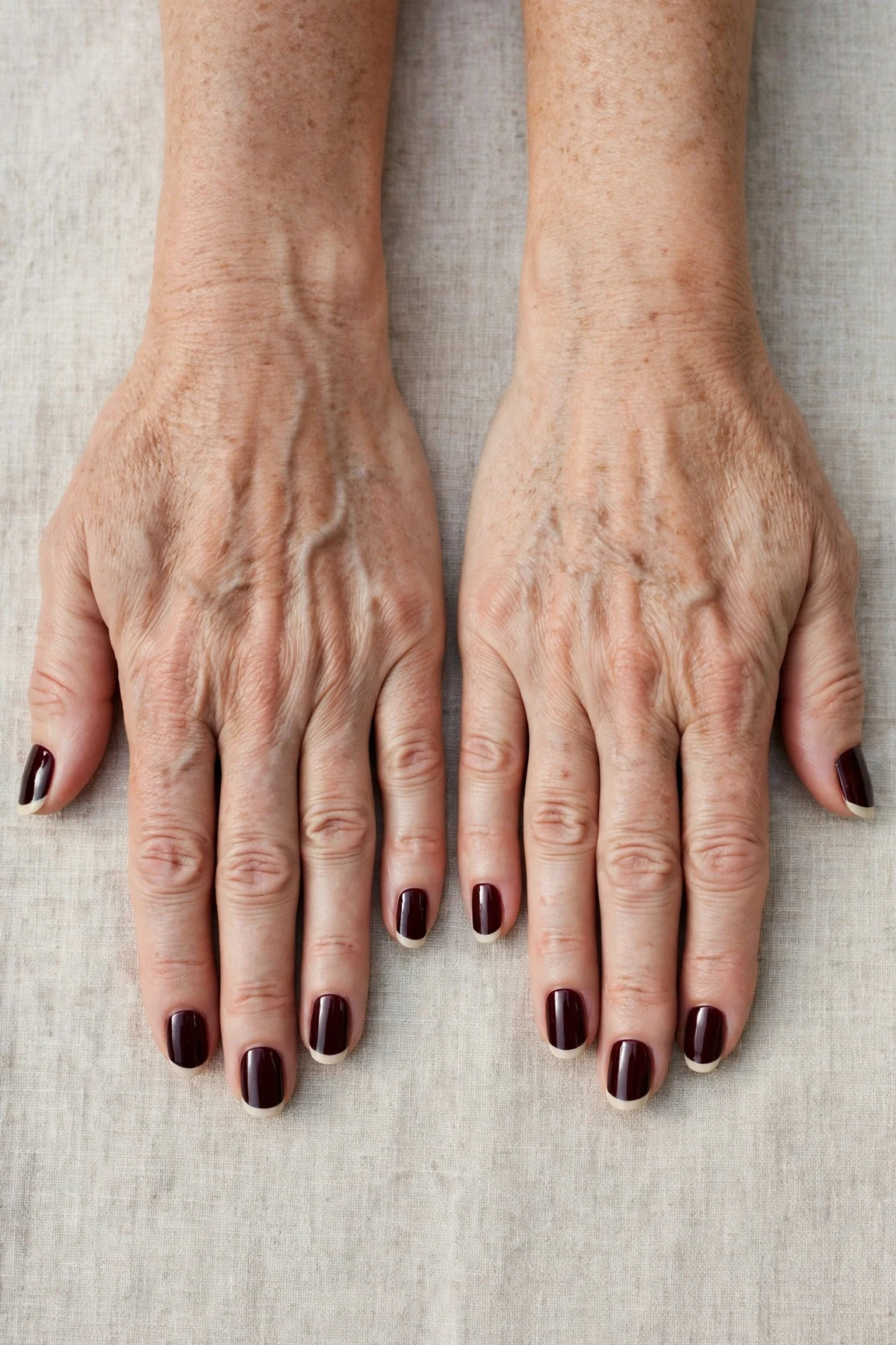 Dark Cherry Velvet French Tip Nails with a deep glossy shine and classic cream French tips