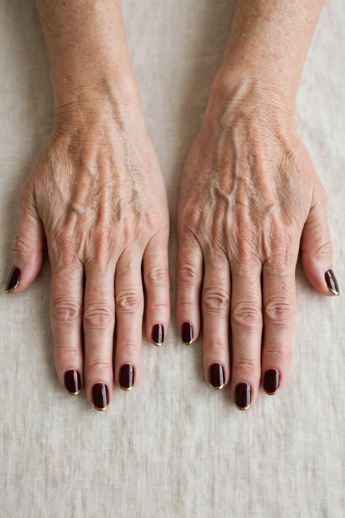 Dark Cherry Velvet French Tip Nails with a high-gloss finish and gold French tips