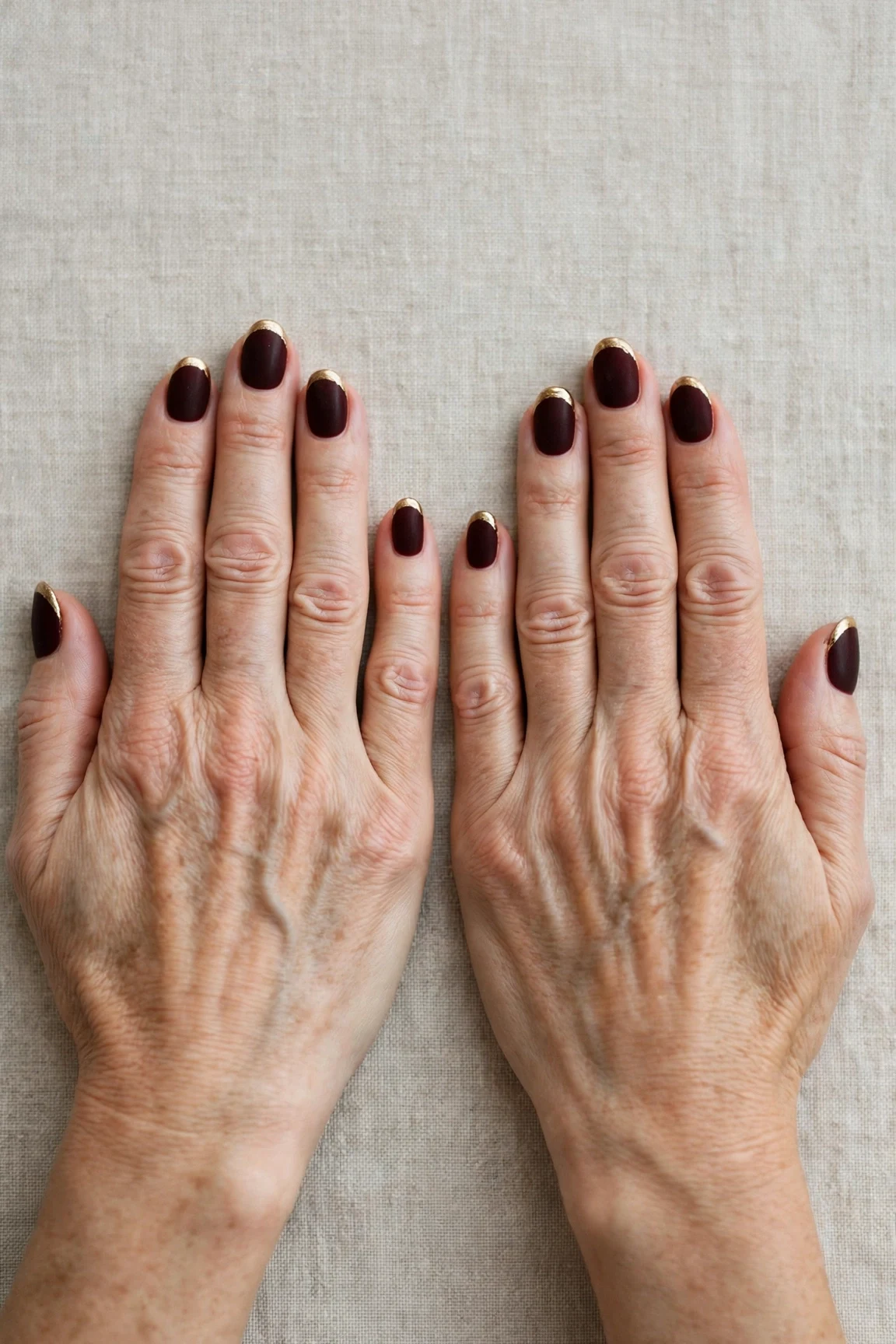 Dark Cherry Velvet French Tip Nails with a soft matte finish and gold French tips