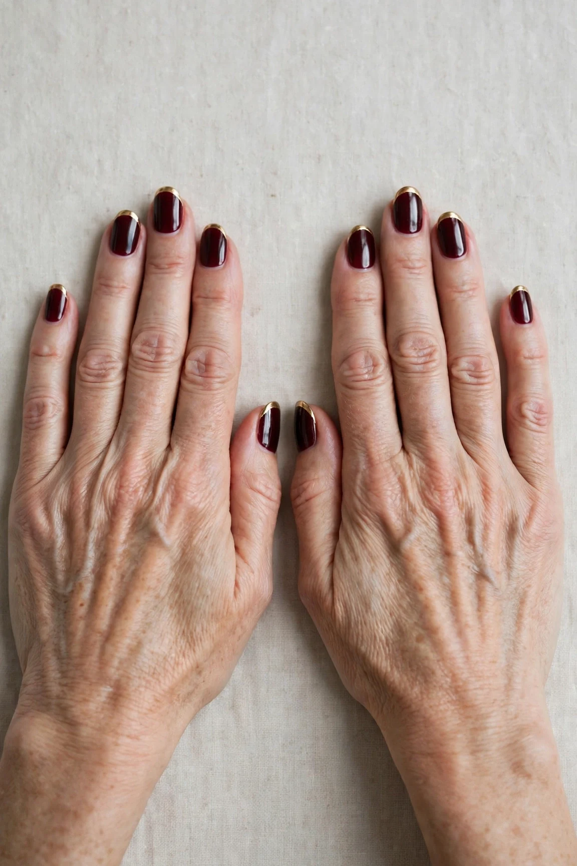 Dark Cherry Velvet French Tip Nails with a chrome shine and gold French tips