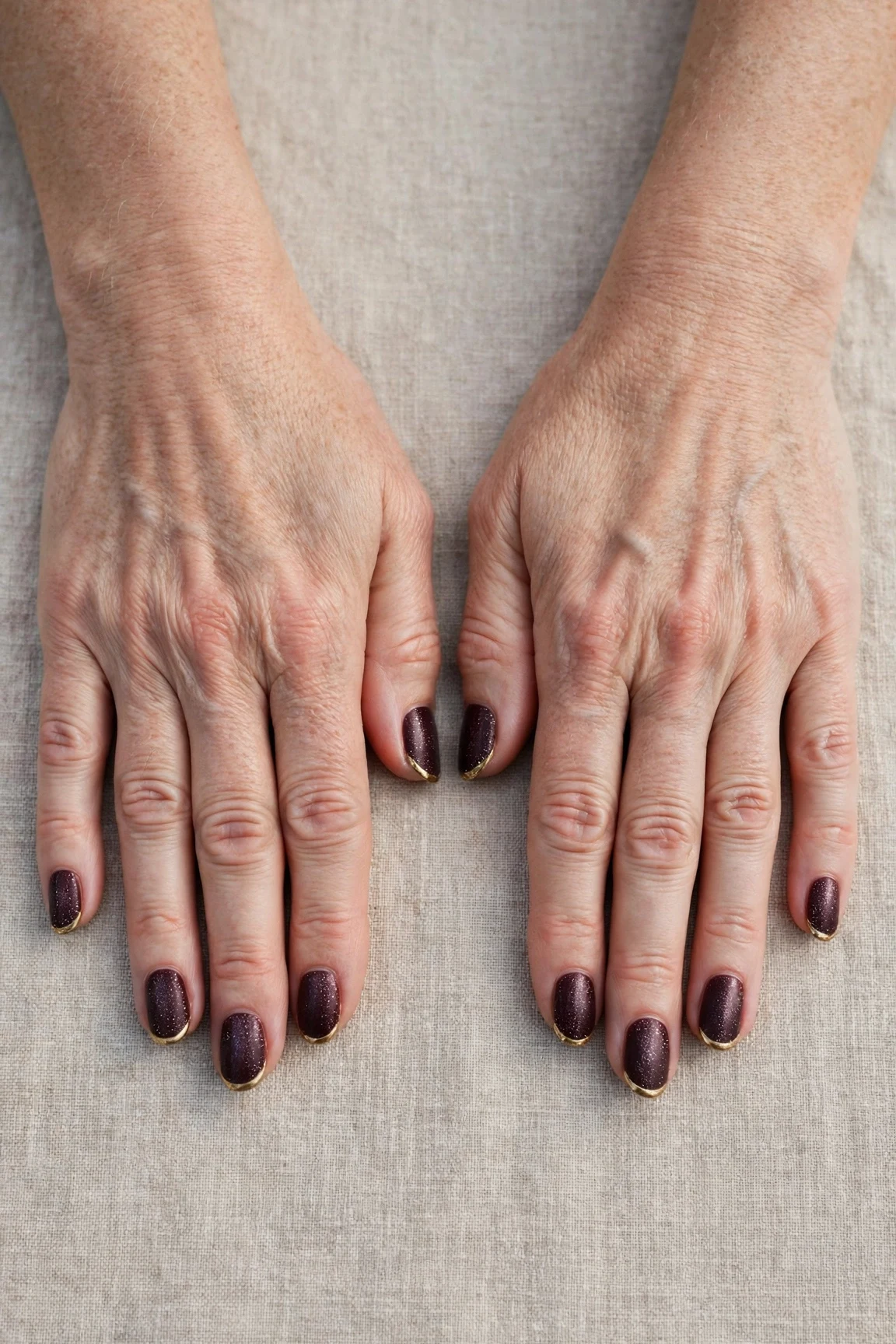 Dark Cherry Velvet French Tip Nails with a frosted shimmer finish and gold French tips