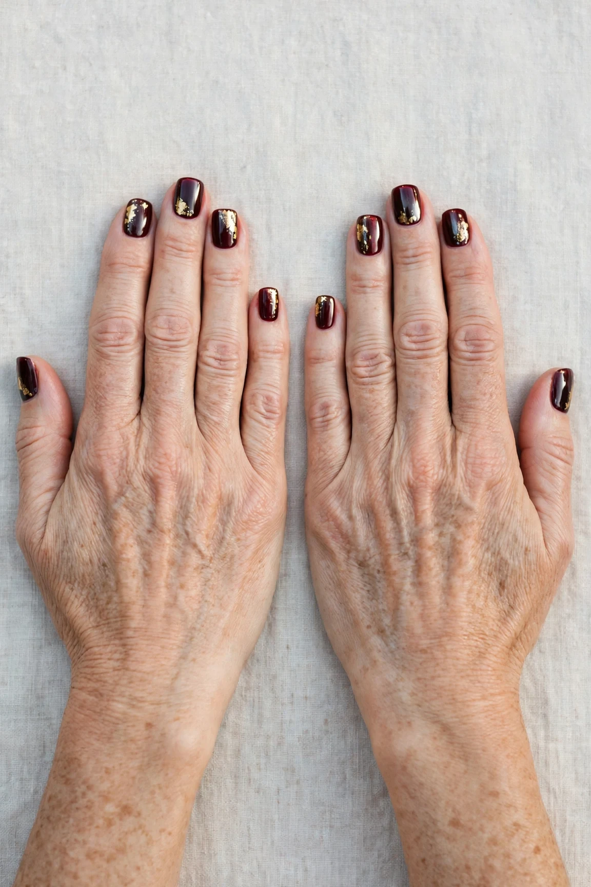 Short Square Dark Cherry Velvet Manicure Ideas with a chrome shine and gold foil accents
