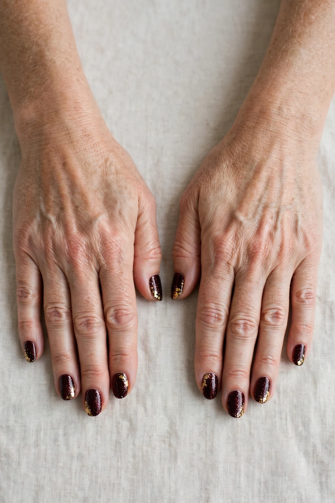 Short Oval Dark Cherry Velvet Manicure Ideas with a glitter gradient finish and gold foil accents