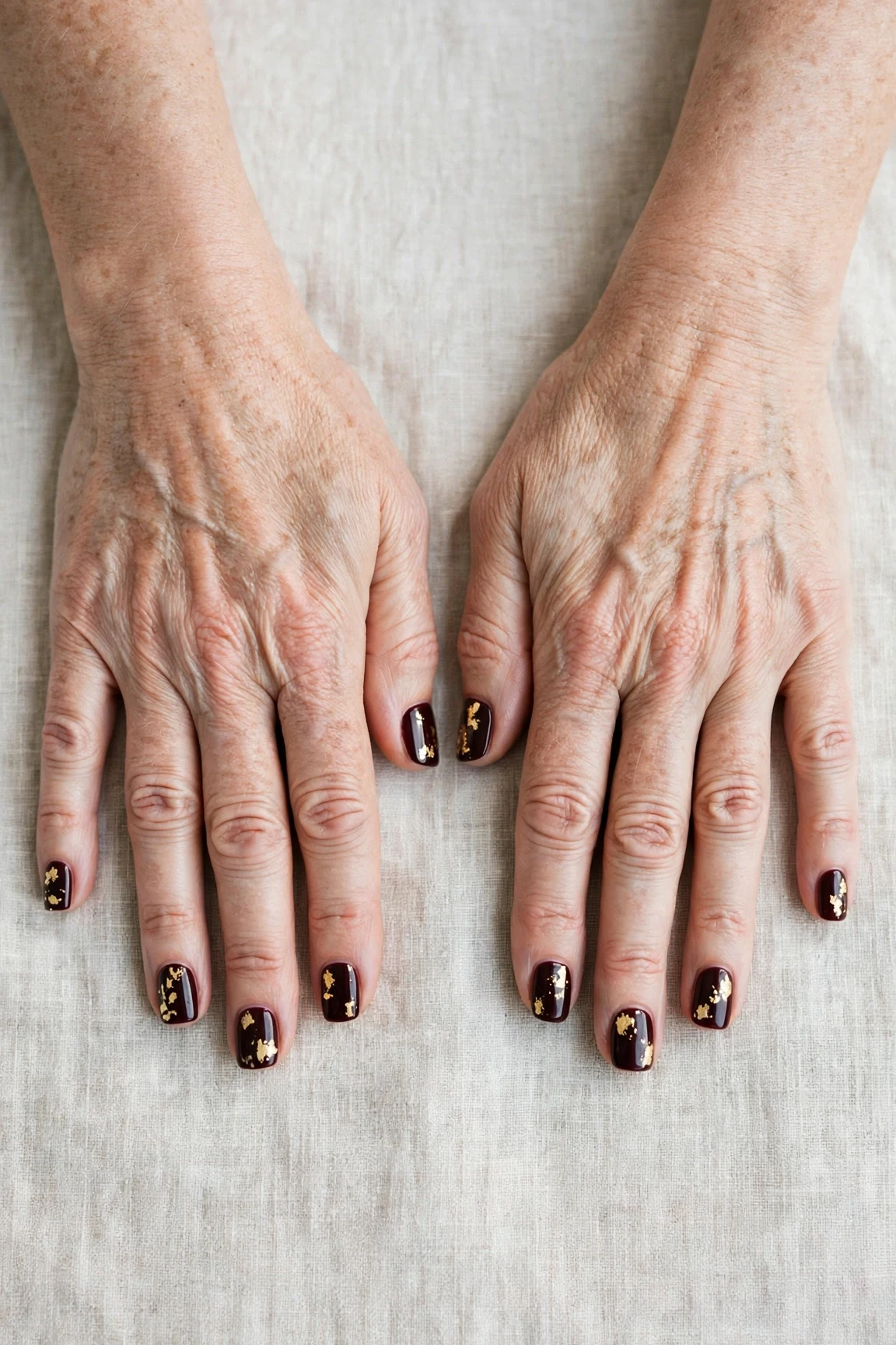 Short Square Dark Cherry Velvet Manicure Ideas with a glassy gel finish and gold foil accents