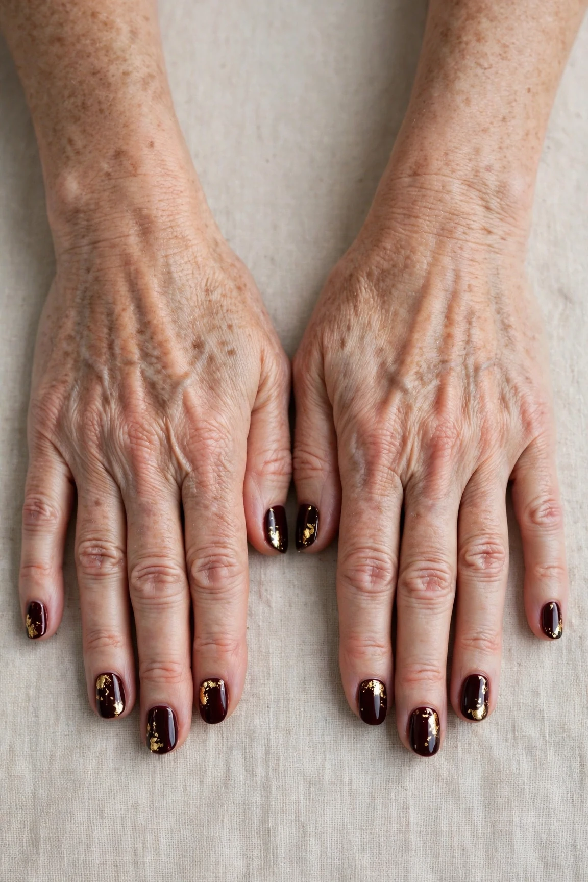 Short Round Dark Cherry Velvet Manicure Ideas with a deep glossy shine and gold foil accents