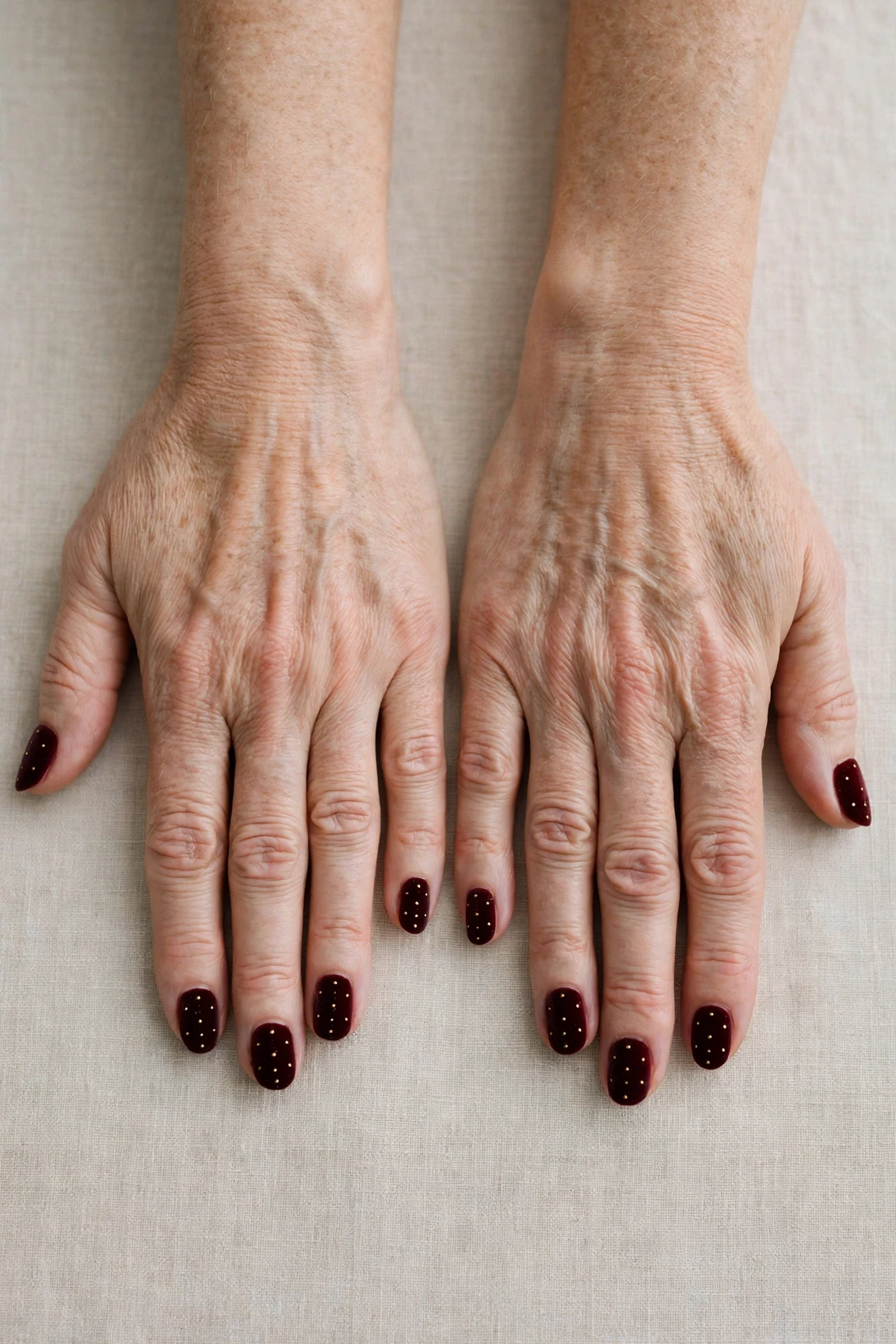 Oval Dark Cherry Velvet Manicure Ideas with a velvet matte finish and tiny gold dots