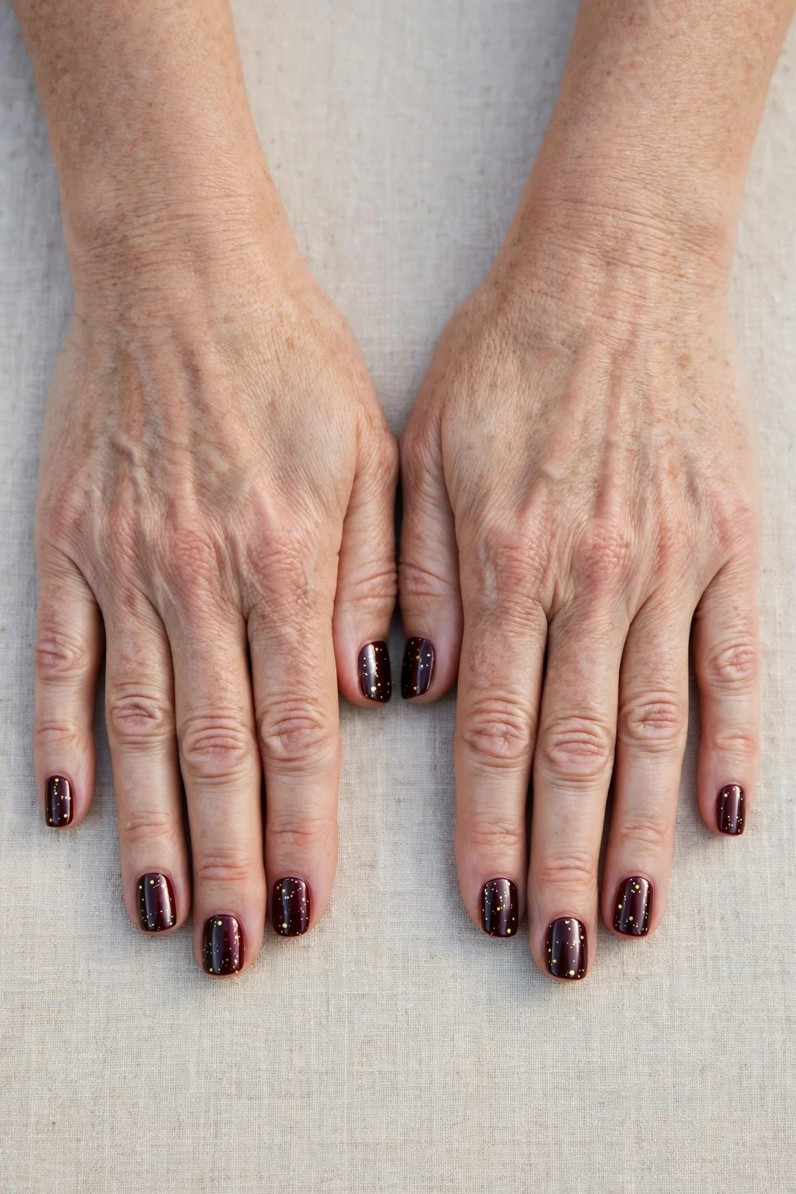 Short Square Dark Cherry Velvet Manicure Ideas with a chrome shine and tiny gold dots