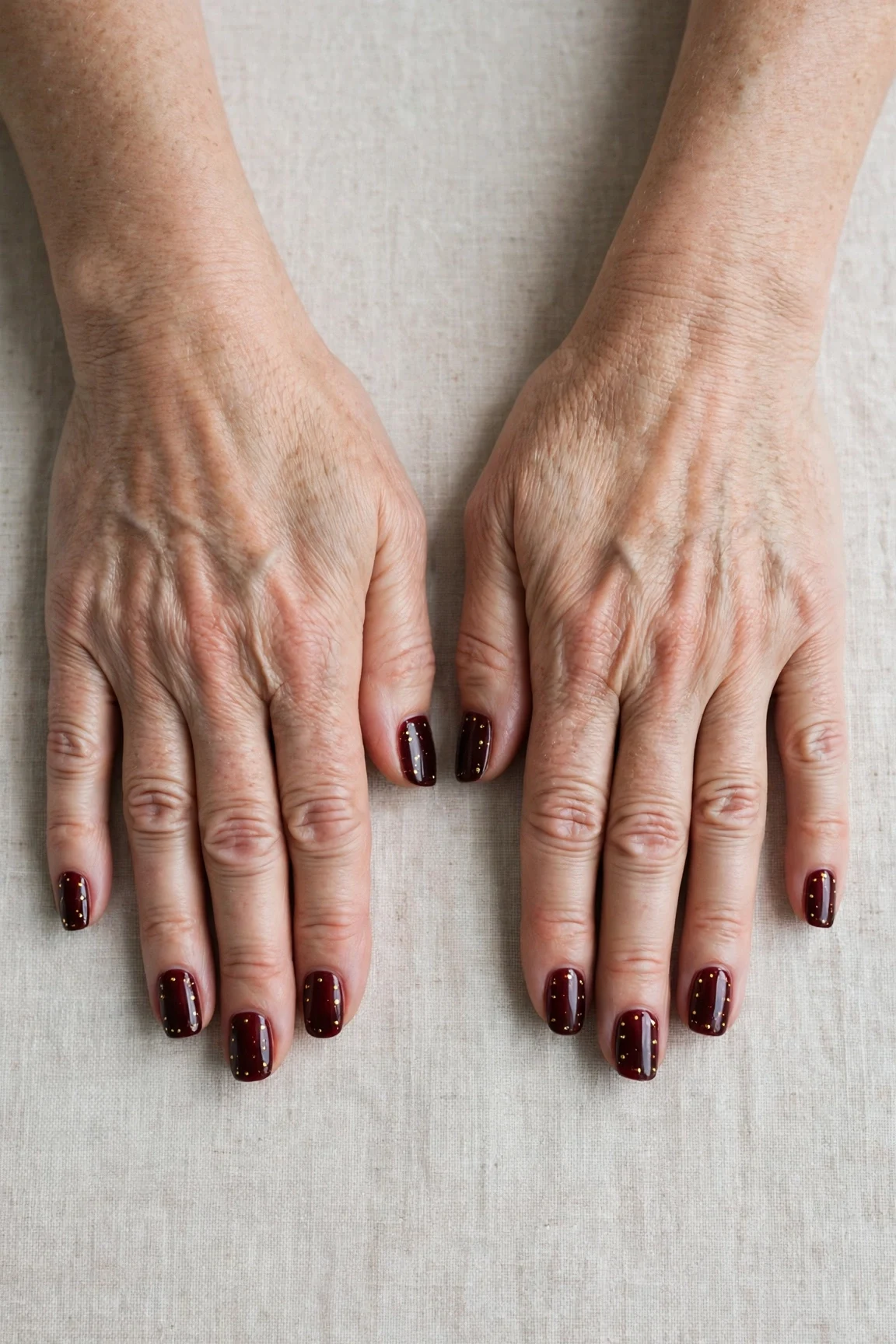 Squoval Dark Cherry Velvet Manicure Ideas with a sheer jelly finish and tiny gold dots