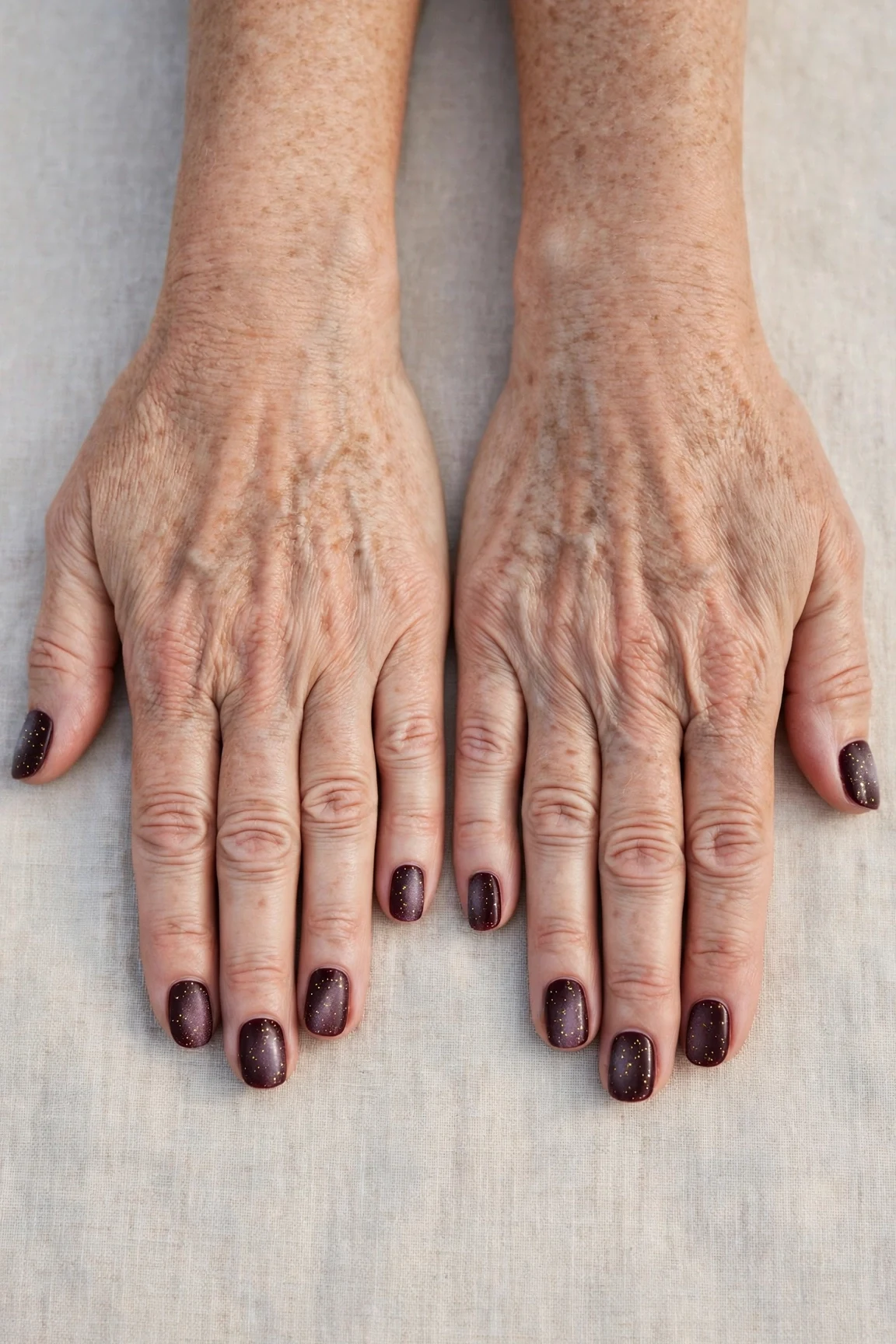 Short Round Dark Cherry Velvet Manicure Ideas with a frosted shimmer finish and tiny gold dots