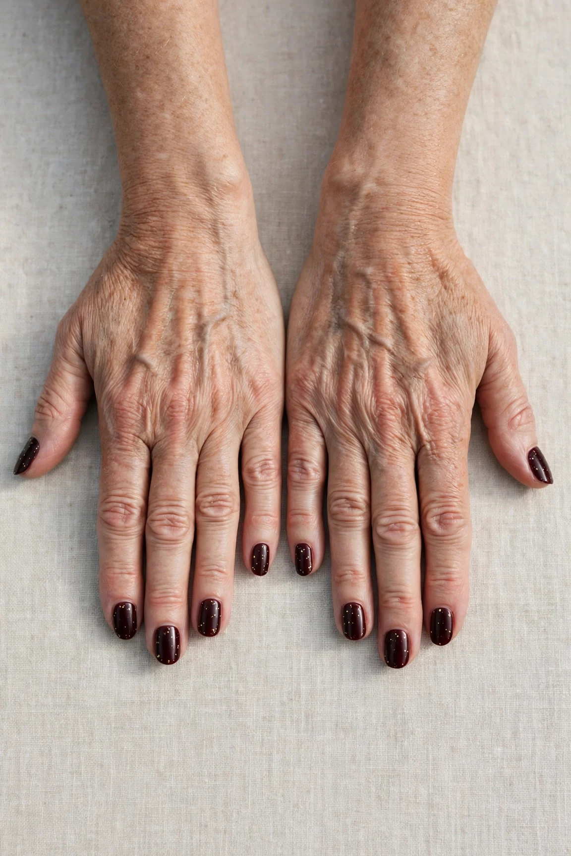 Oval Dark Cherry Velvet Manicure Ideas with a satin finish and tiny gold dots