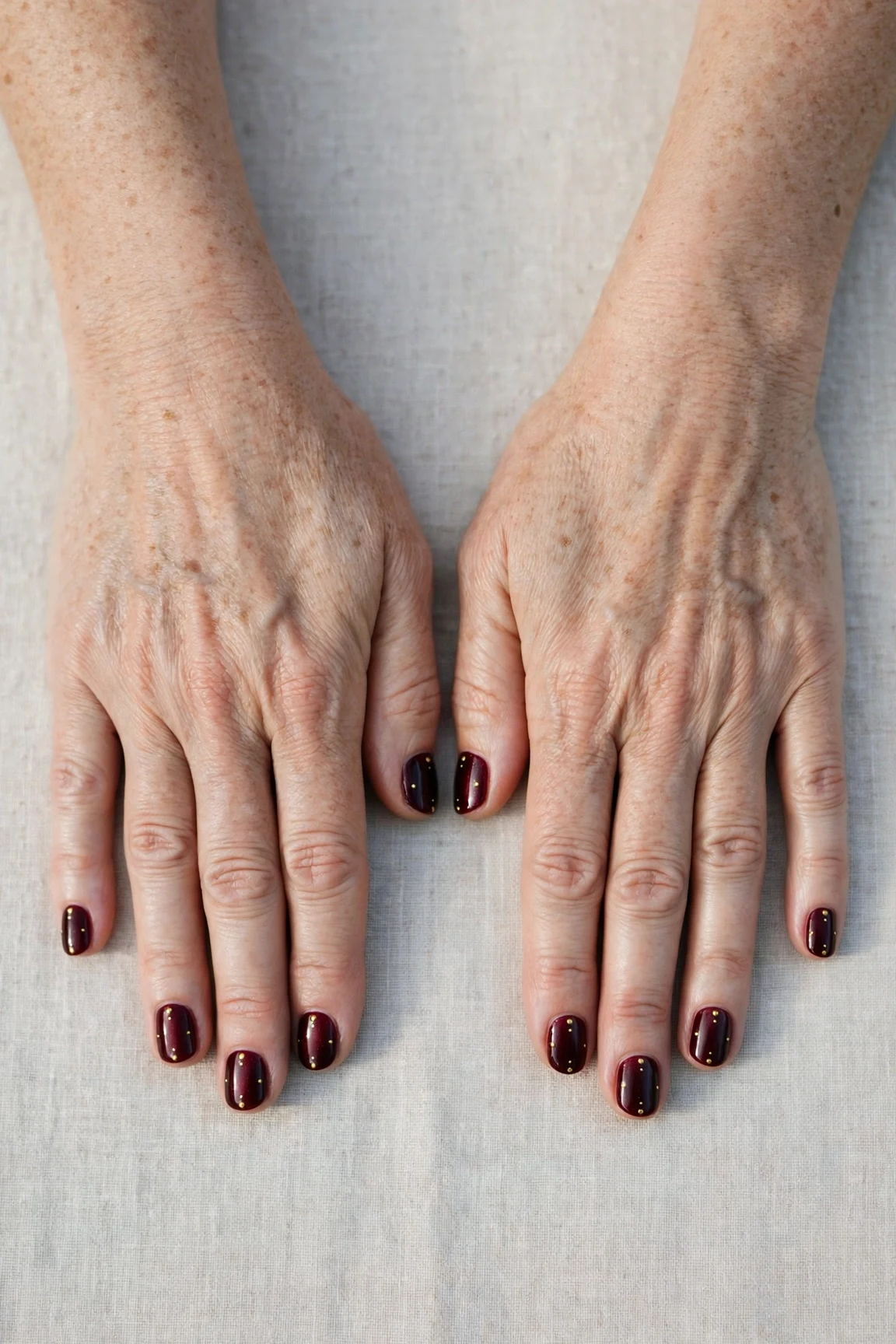 Short Round Dark Cherry Velvet Manicure Ideas with a deep glossy shine and tiny gold dots