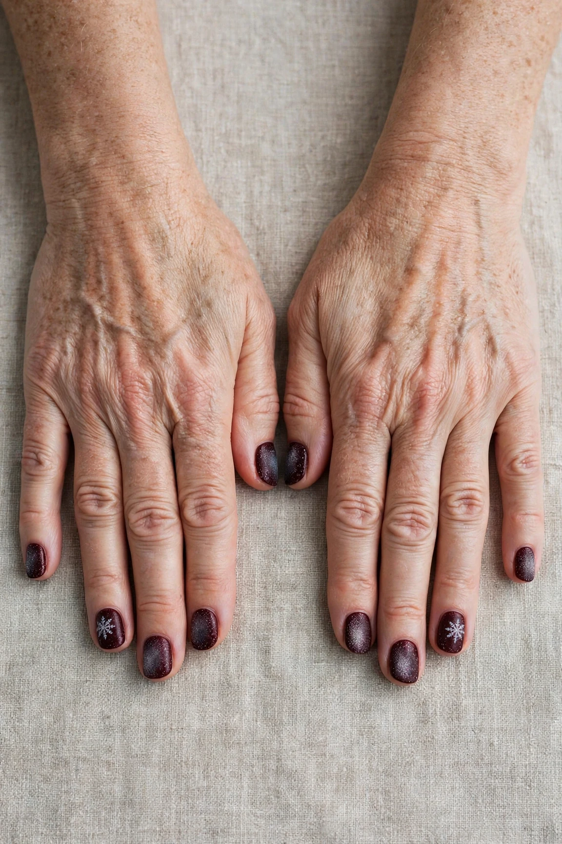 Short Round Dark Cherry Velvet Manicure Ideas with a frosted shimmer finish and a delicate snowflake on the ring finger