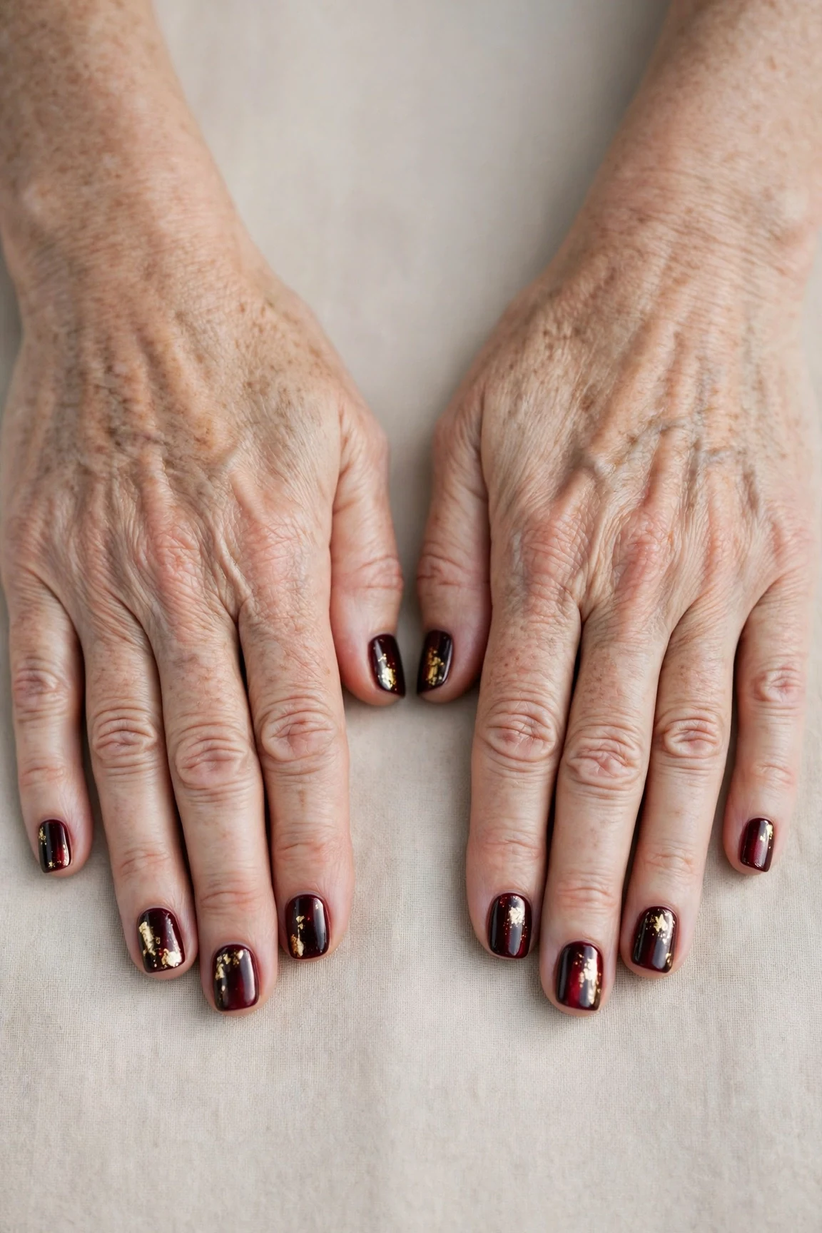 Short Square Dark Cherry Velvet Nails with a chrome shine and gold foil accents