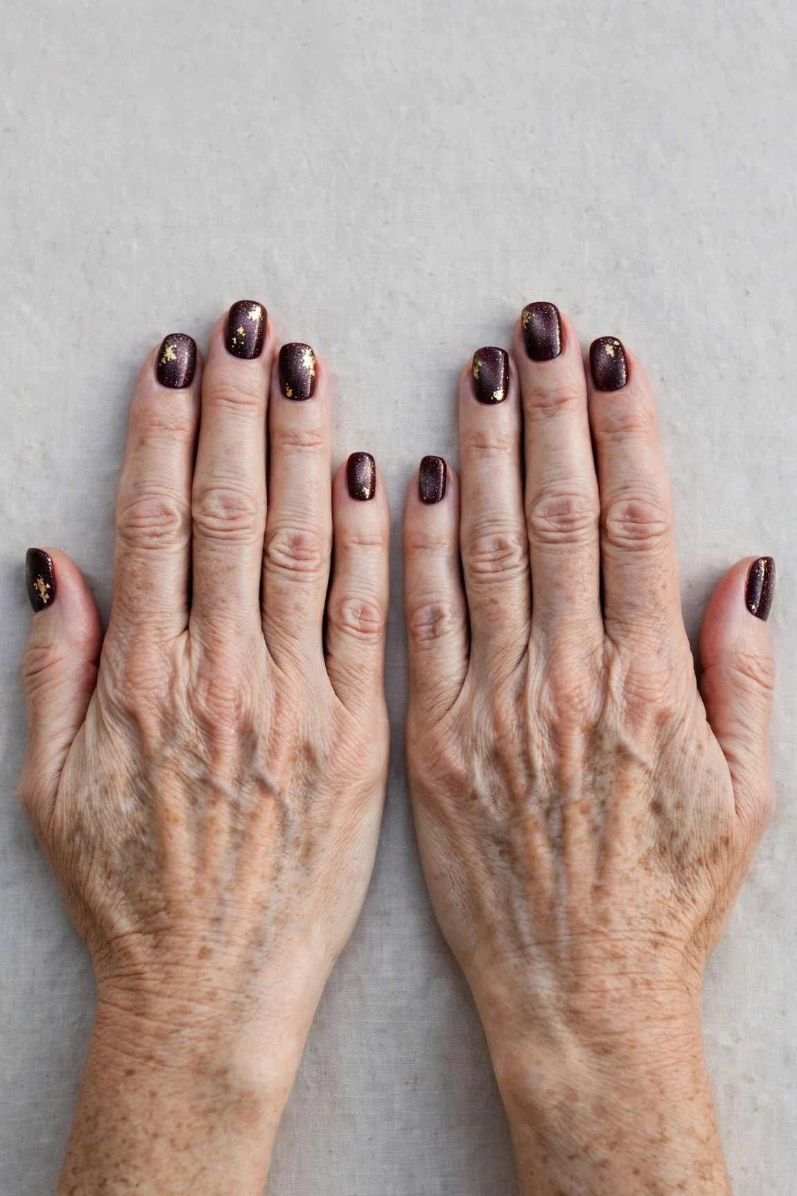 Short Round Dark Cherry Velvet Nails with a frosted shimmer finish and gold foil accents