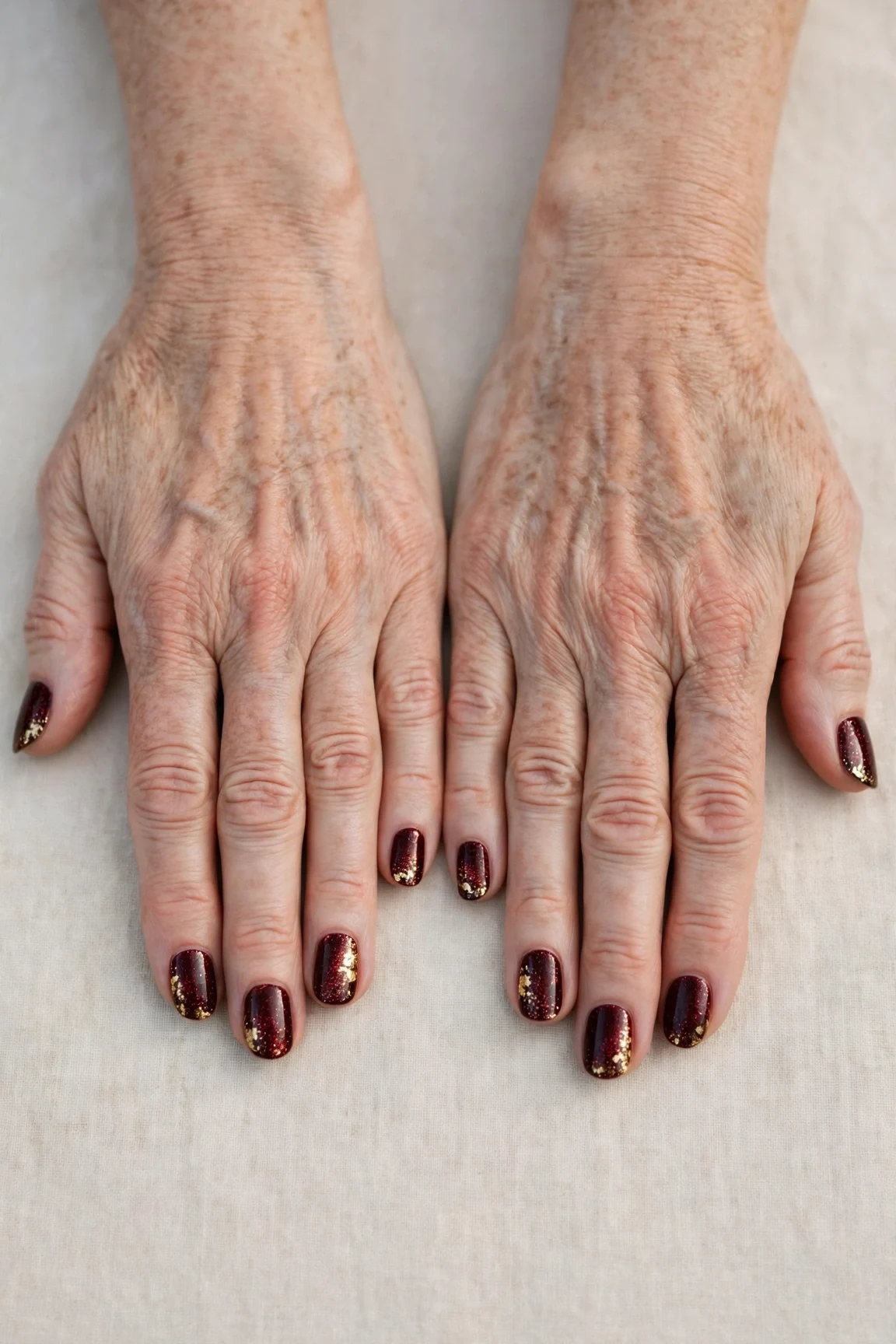 Short Oval Dark Cherry Velvet Nails with a glitter gradient finish and gold foil accents