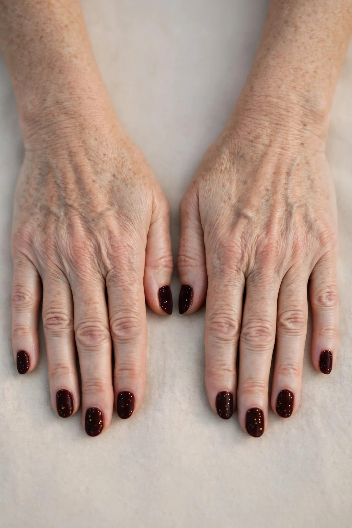 Oval Dark Cherry Velvet Nails with a velvet matte finish and tiny gold dots