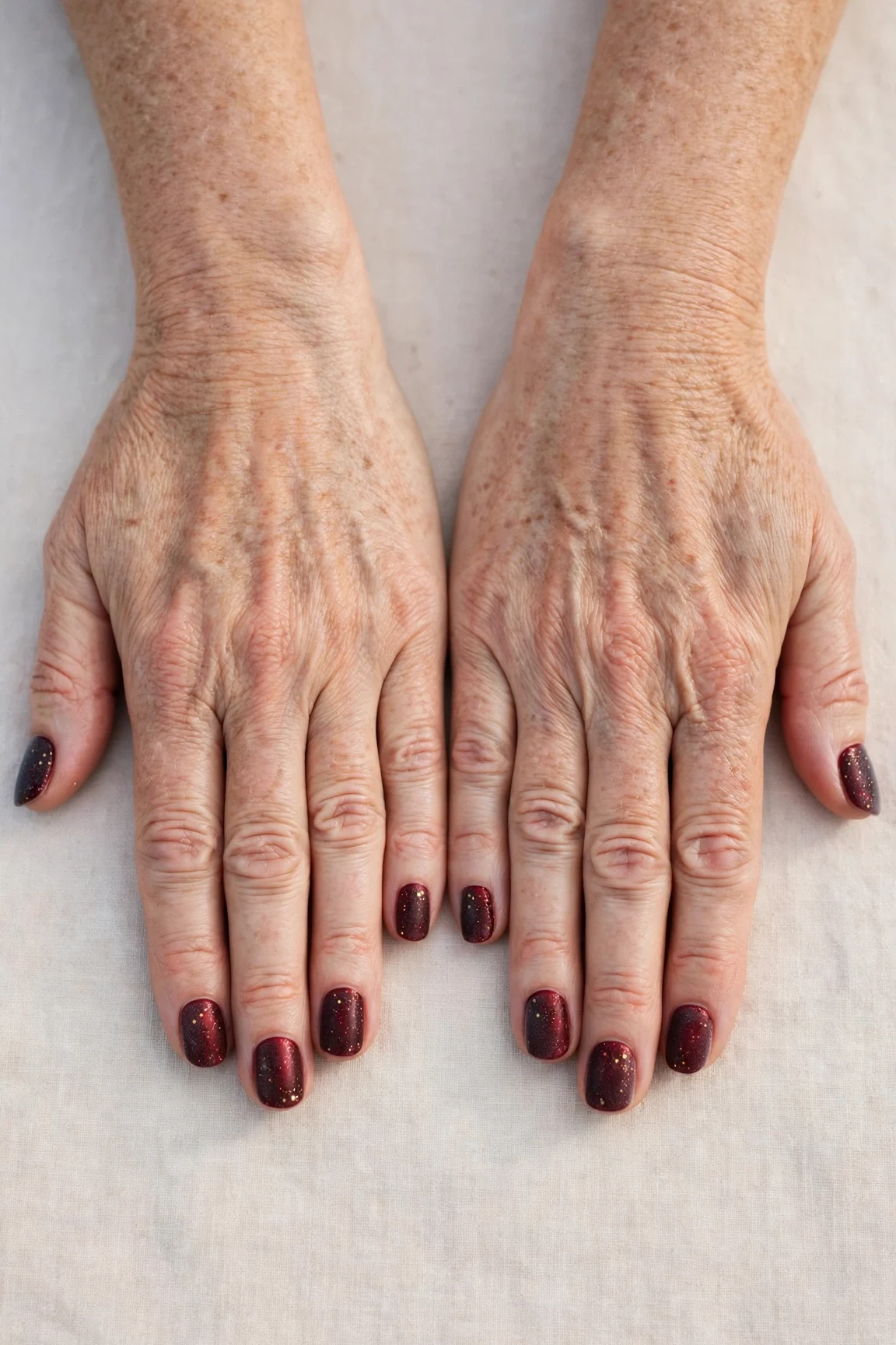 Short Round Dark Cherry Velvet Nails with a frosted shimmer finish and tiny gold dots