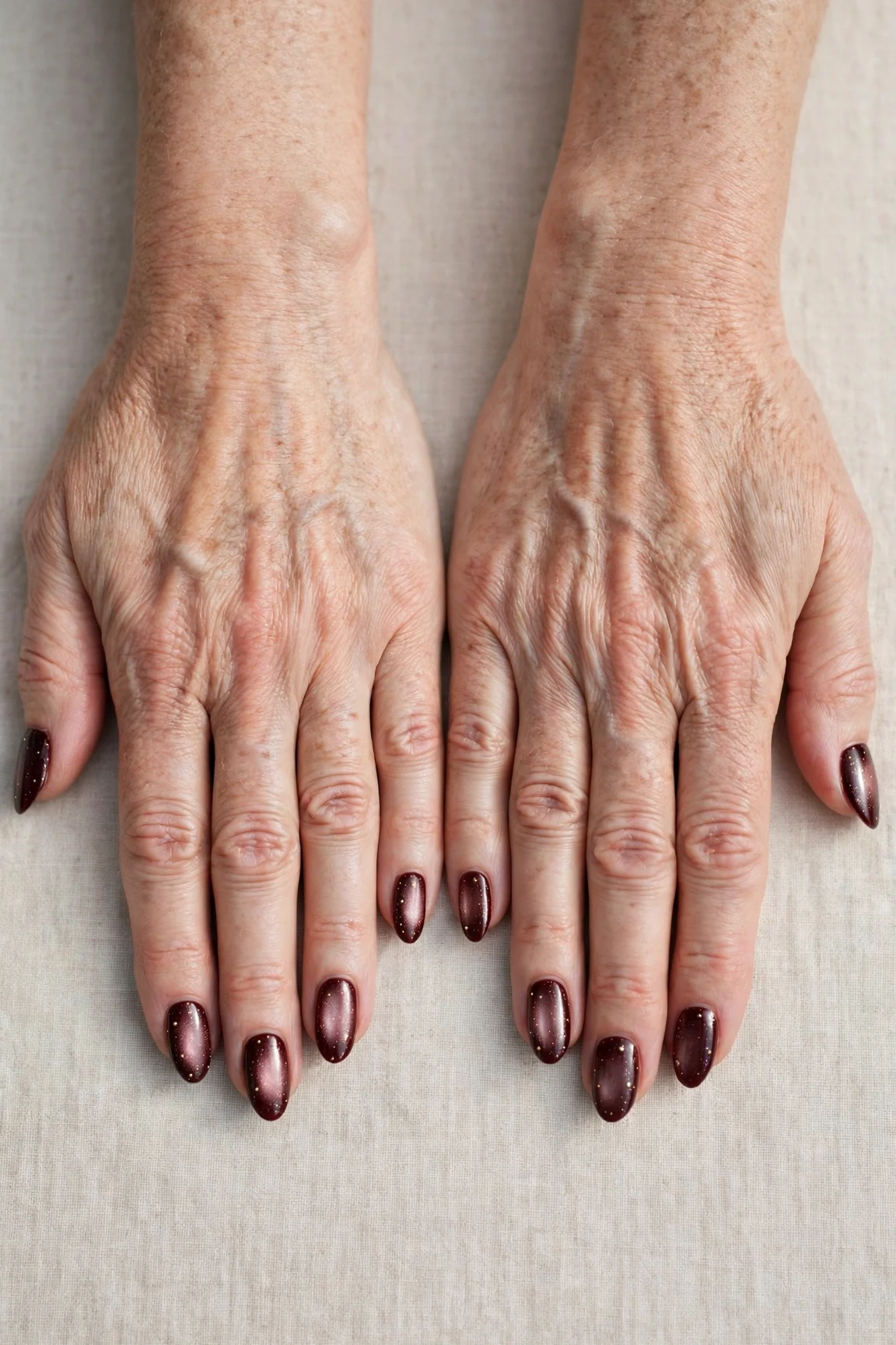 Almond Dark Cherry Velvet Nails with a pearl shimmer finish and tiny gold dots