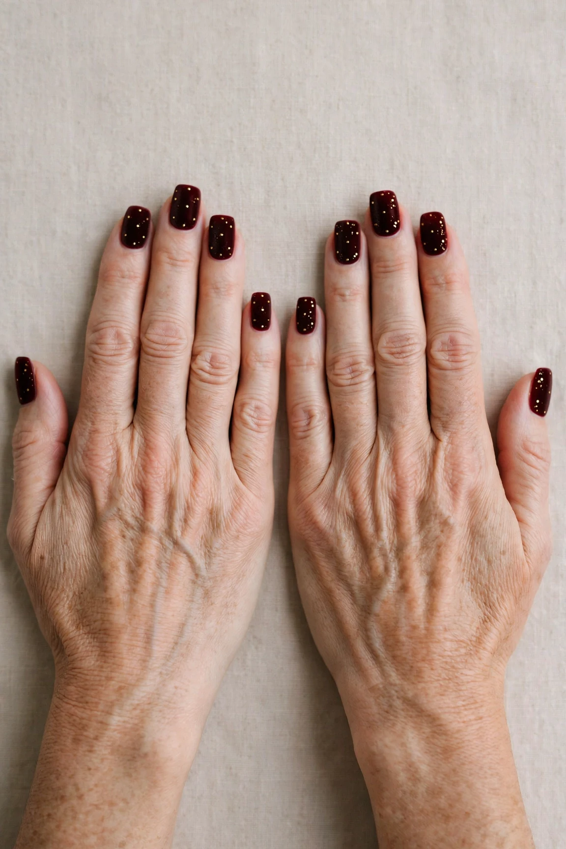 Squoval Dark Cherry Velvet Nails with a creamy opaque finish and tiny gold dots
