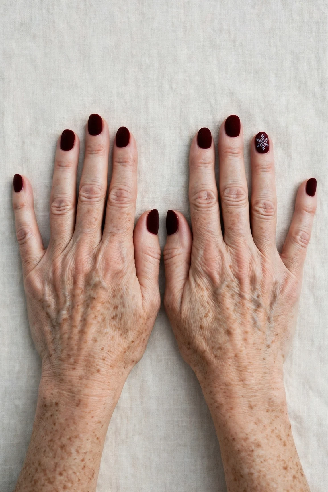 Oval Dark Cherry Velvet Nails with a velvet matte finish and a delicate snowflake on the ring finger